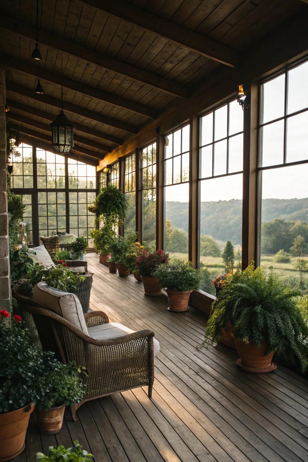 Sunlight streams into this indoor deck through broad windows.