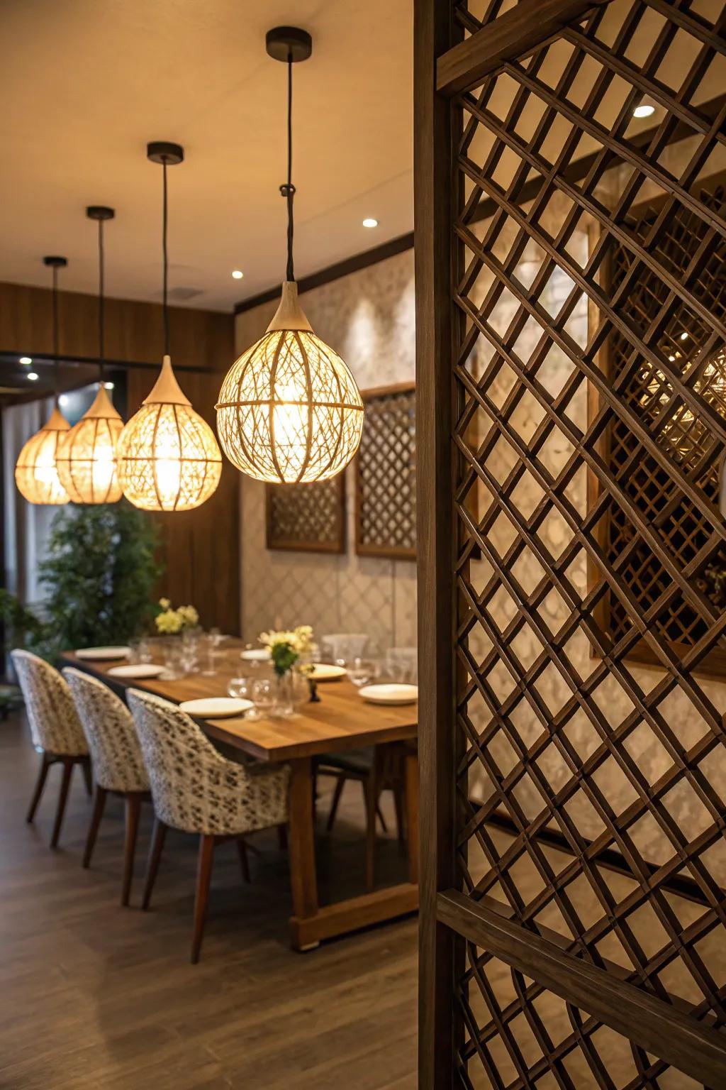 Distinct illumination design featuring lattice wall assimilation.