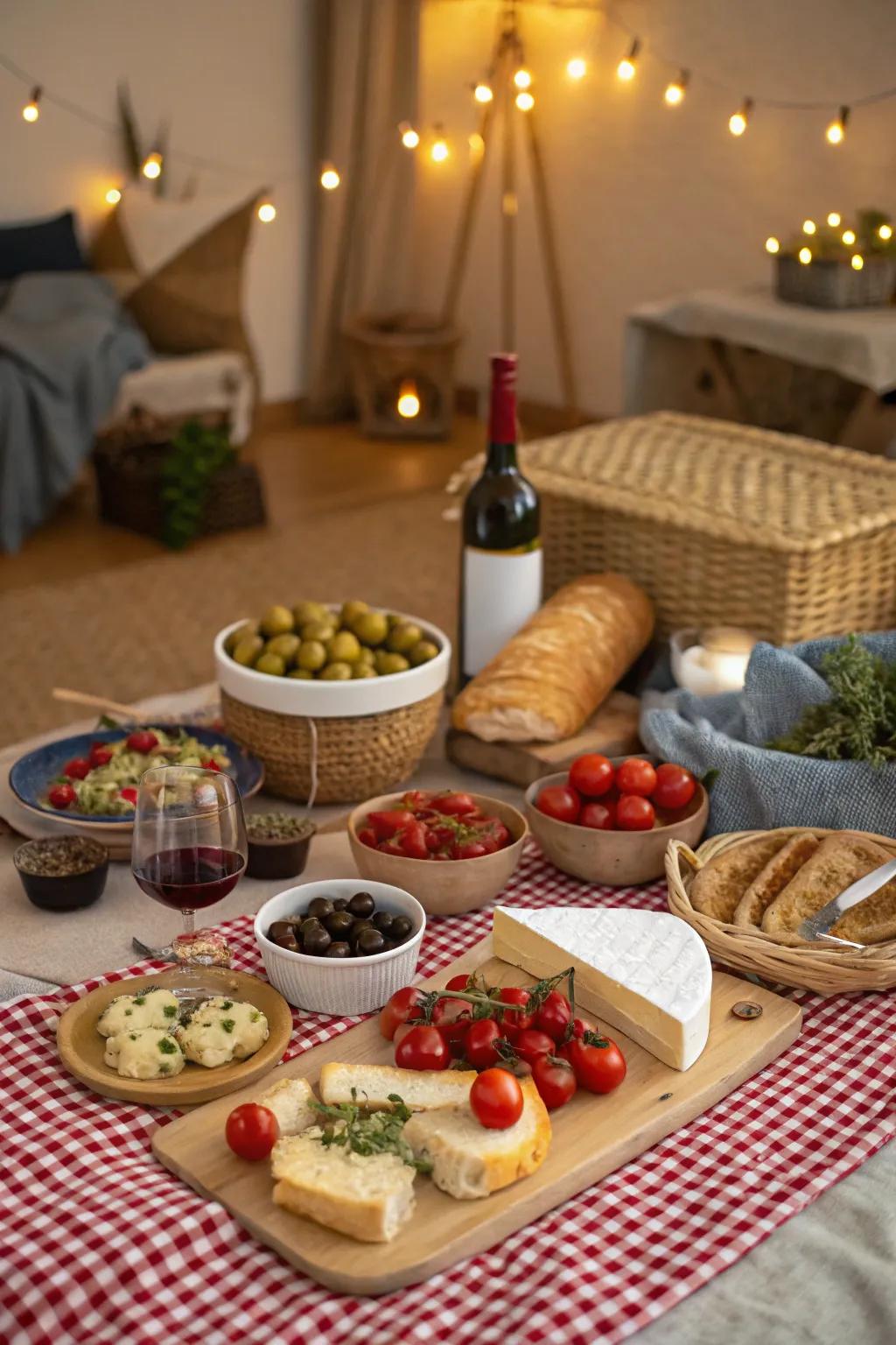A Mediterranean-inspired picnic with diverse dishes and drinks.