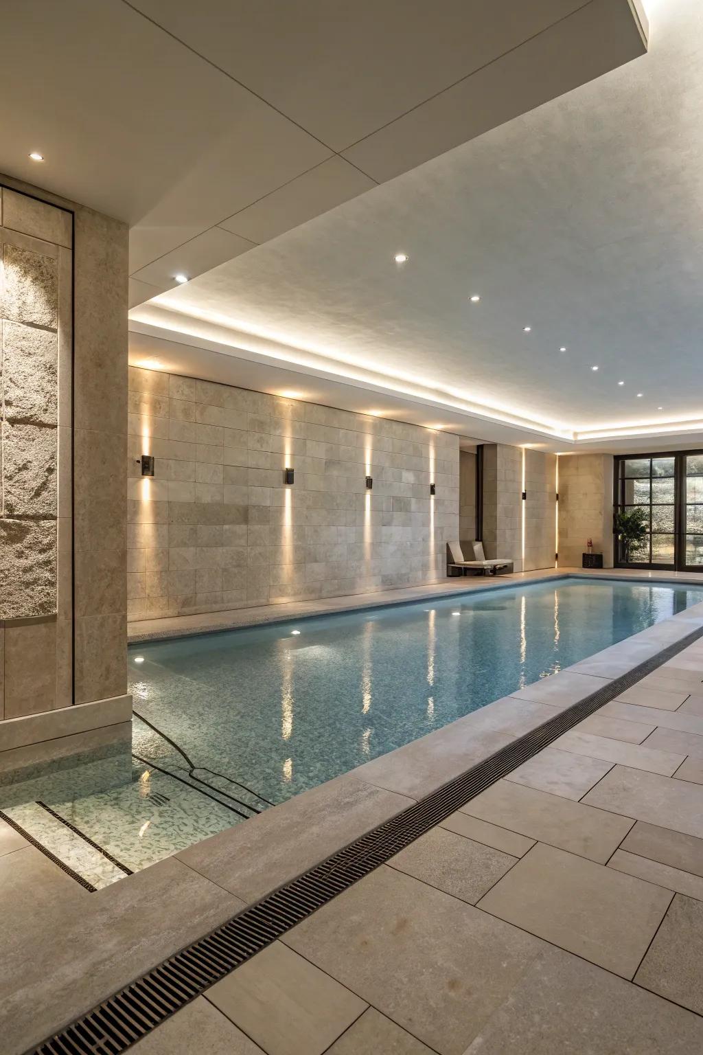 A sophisticated indoor pool featuring refined stone surfaces