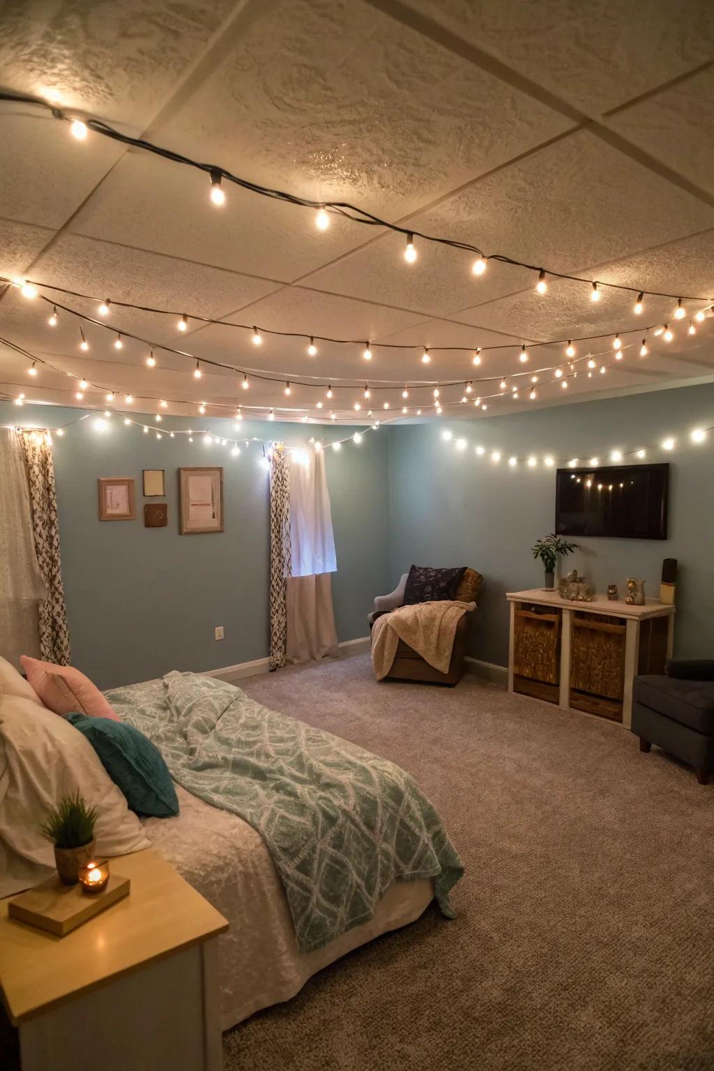String lights contribute to a snug ambiance within your basement.