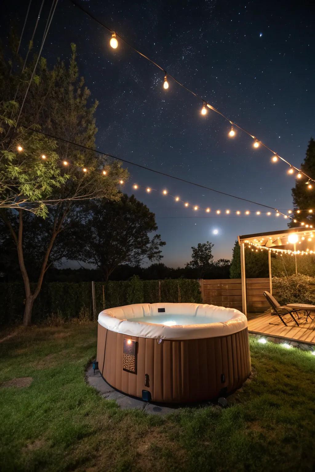 Threaded lights add a captivating radiance to this inflatable bubbly spa area.