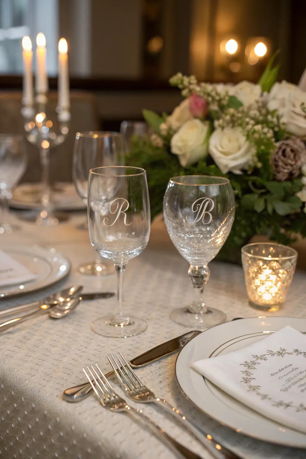 Sophisticated detailing with etched initials on glassware.