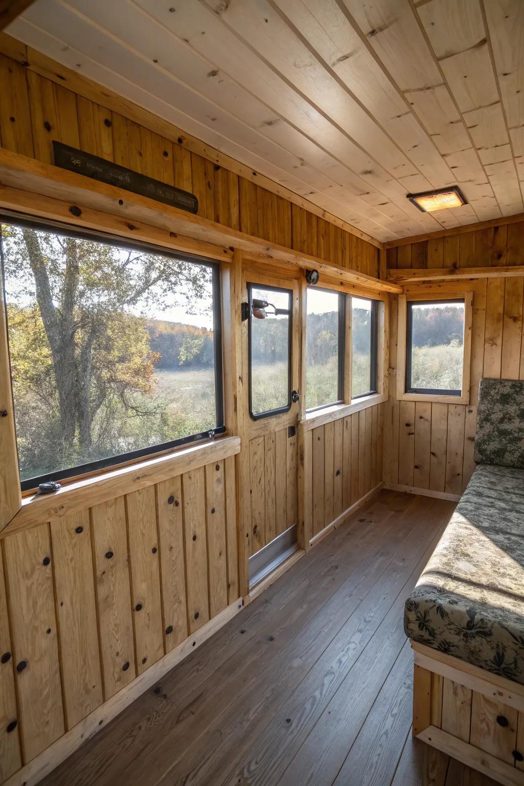 Wood paneling enriches the interior with insulation and rustic allure.