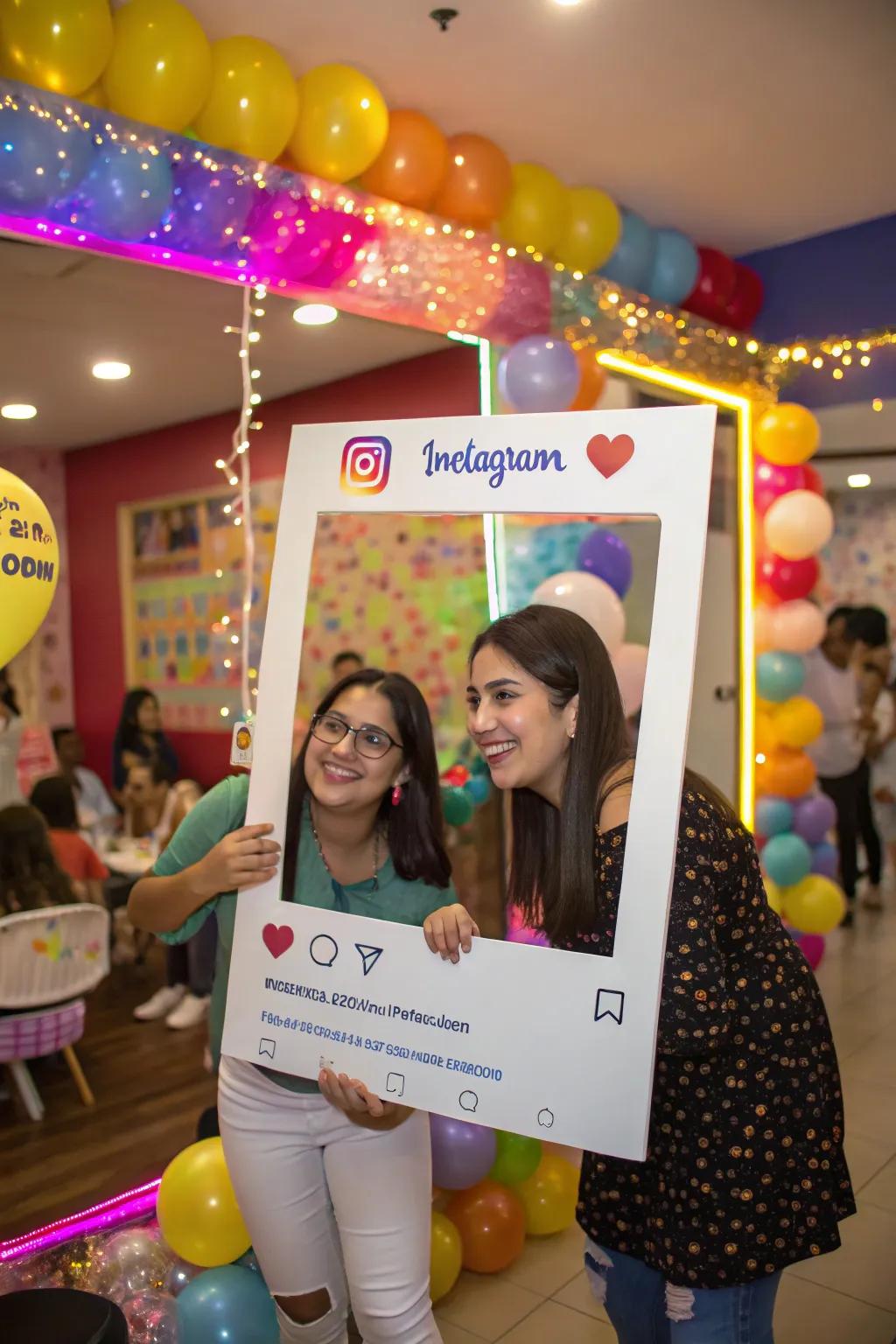 Guests having fun with Instagram frame cutouts.