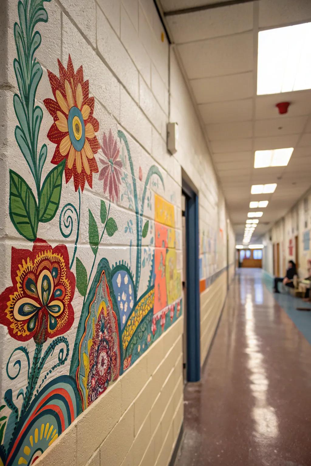 A captivating mural transforms a cinder block wall into an artistic masterpiece.
