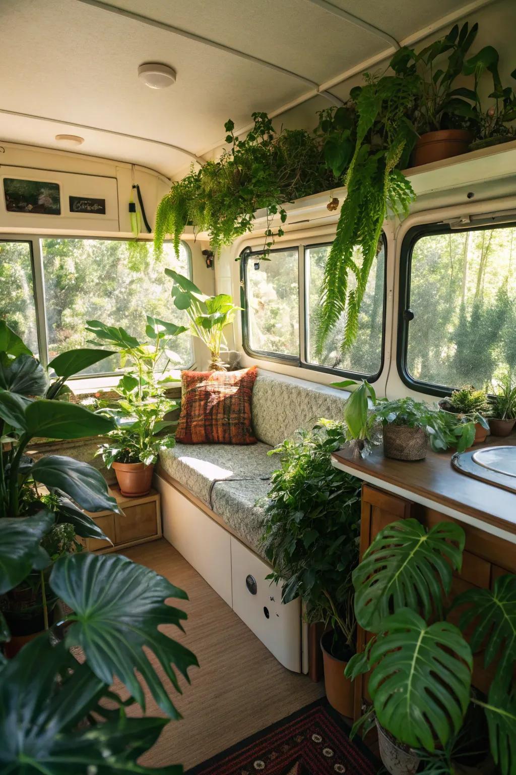 Outdoor elements such as plants and light boosting the camper&rsquo;s vibe.