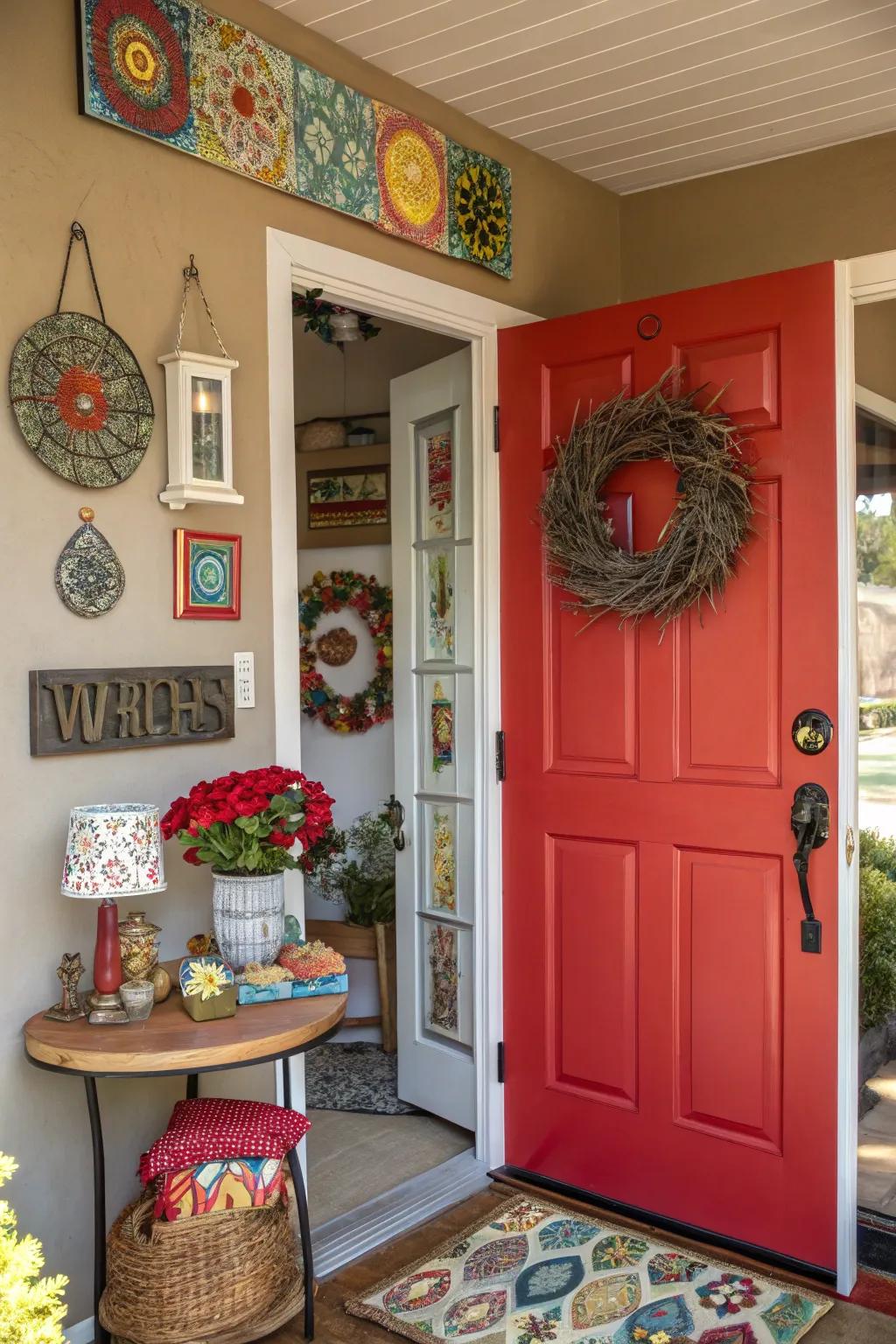 A striking red door makes a vibrant statement in the entryway.