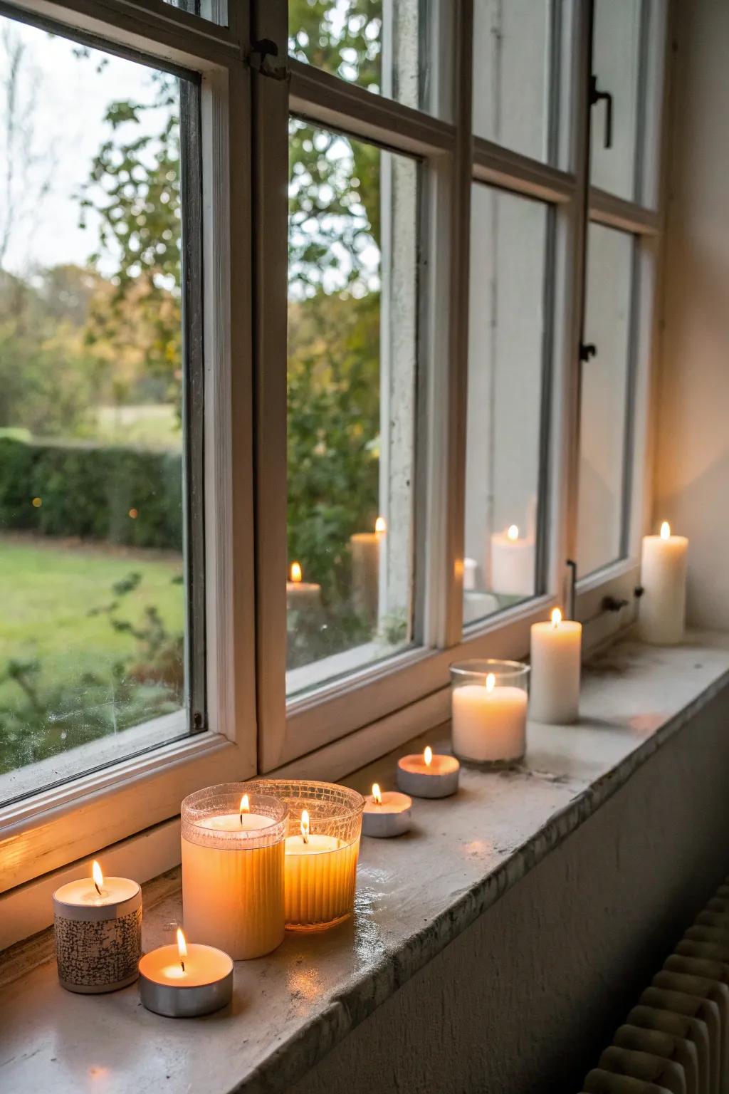 Candles project a welcoming, warm light on a beautifully styled window sill.