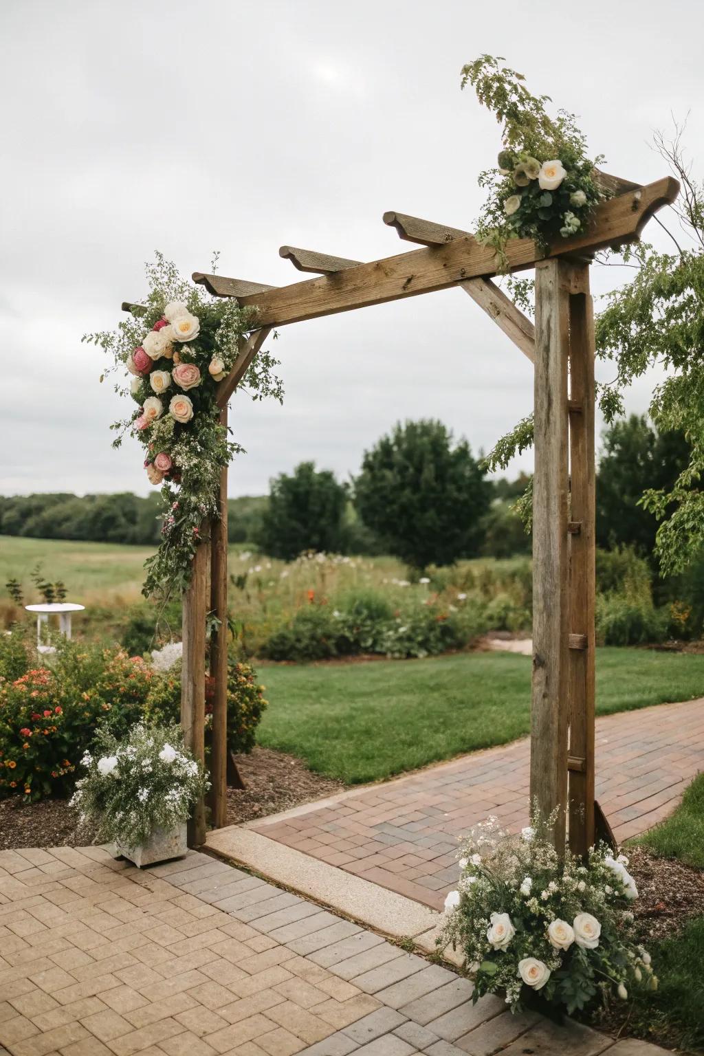A wooden structure ornamented with flowers offers a captivating scene.