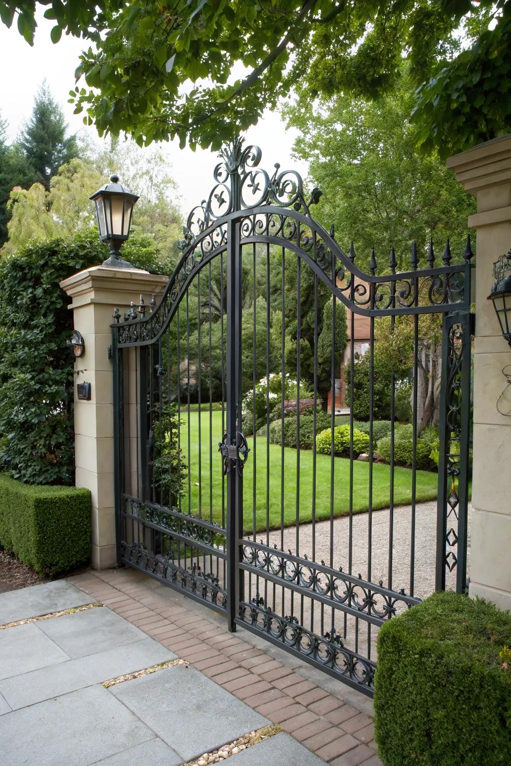 A traditional swing iron entrance that welcomes visitors to a home.