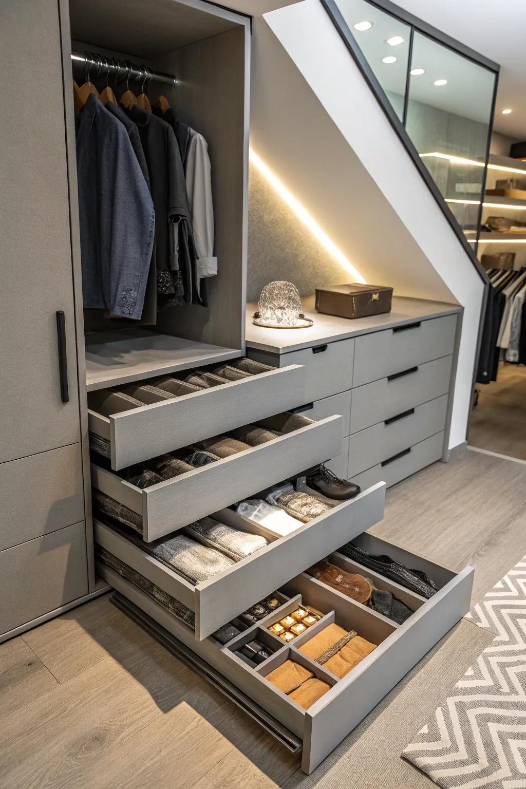 A modular drawer configuration offering structured storage within a small area.