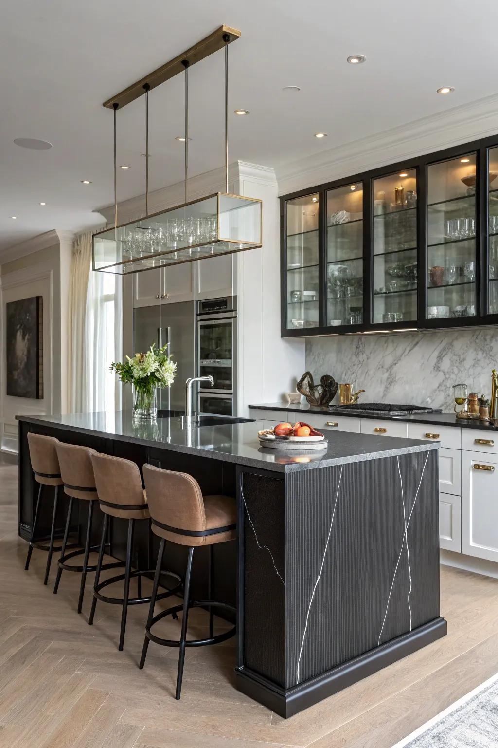 A black countertop offering a bold and sleek look to any kitchen island.