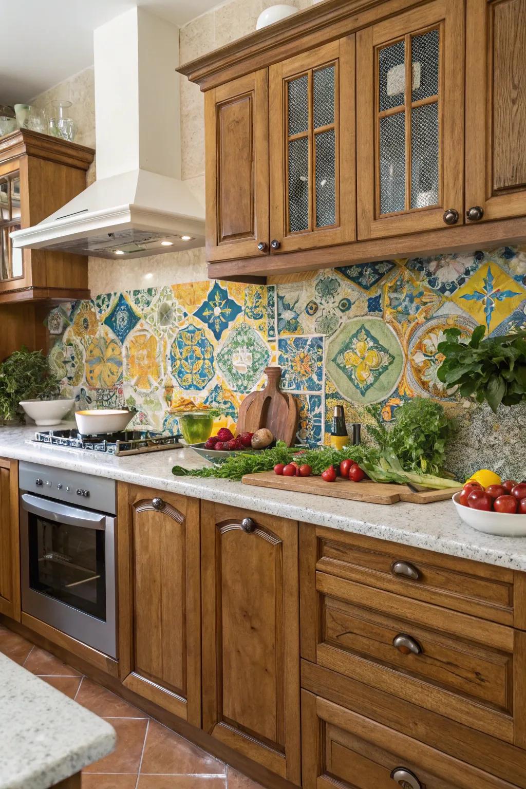 An animated tile protector sprinkles artistic magic across this Italian cooking space.