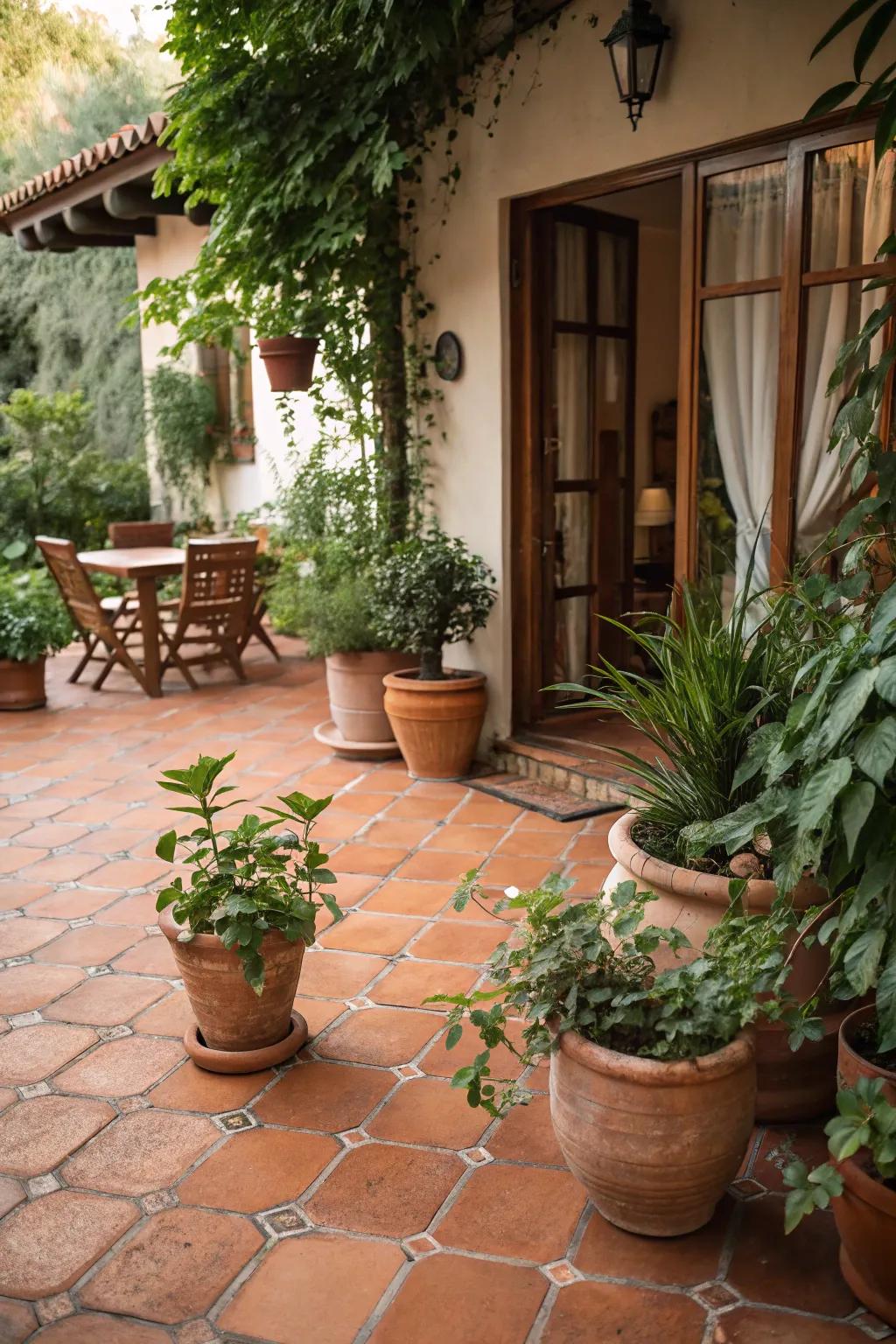 Earthenware tile paving imparts warmth and character to a traditionally styled patio.