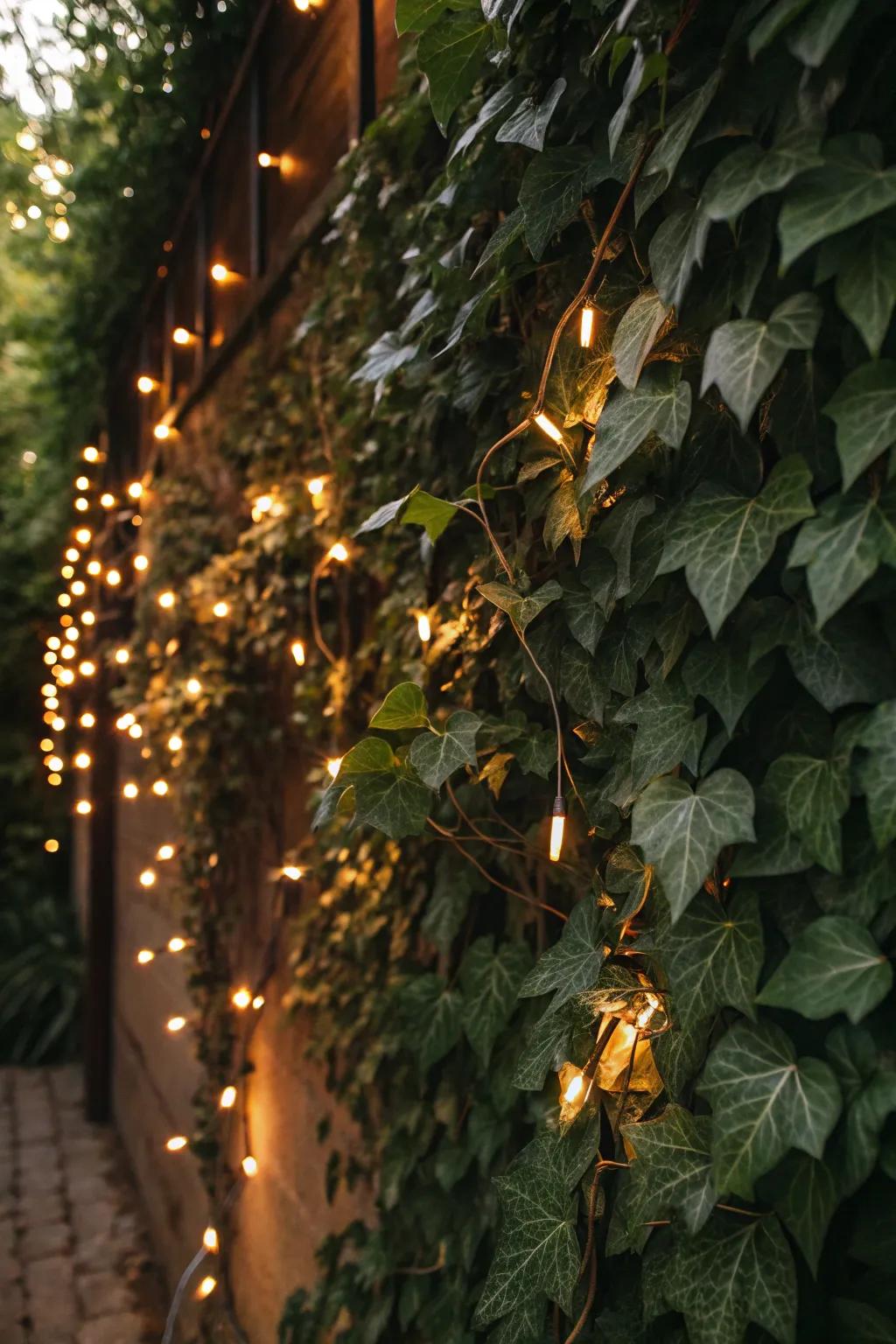 An enchanting mix of greenery and string lights crafting a cozy and welcoming ambiance.