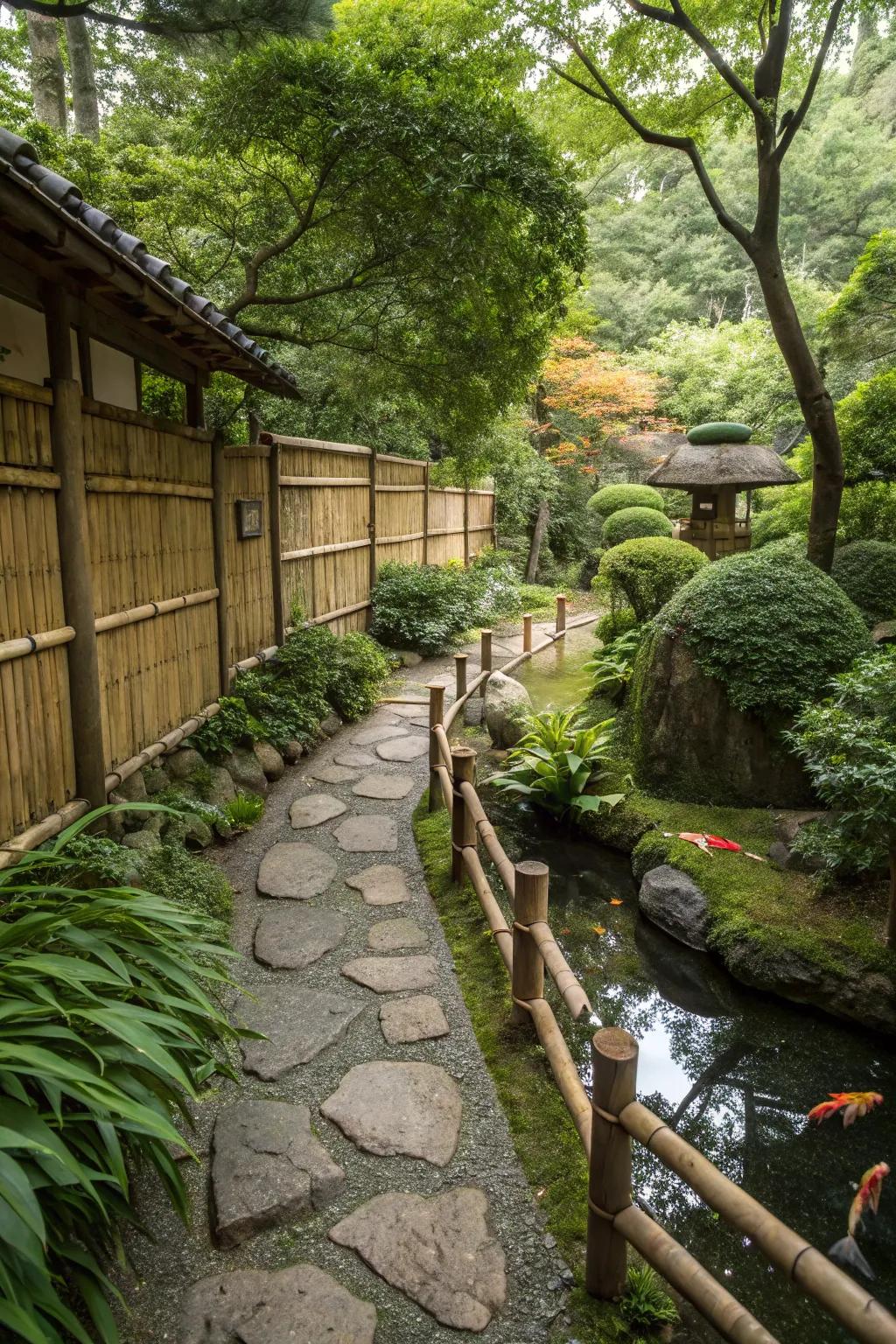 Reed fencing adding structure and privacy to a Japanese garden.