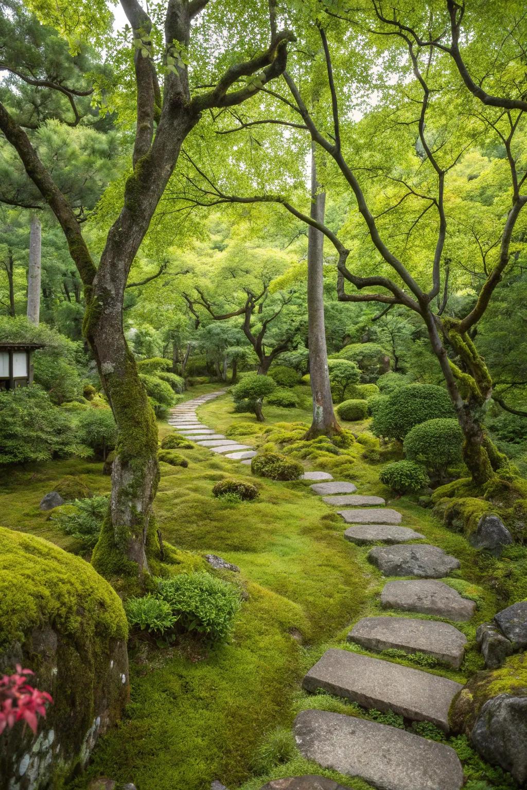 A vibrant Japanese garden showcasing diverse trees and moss.