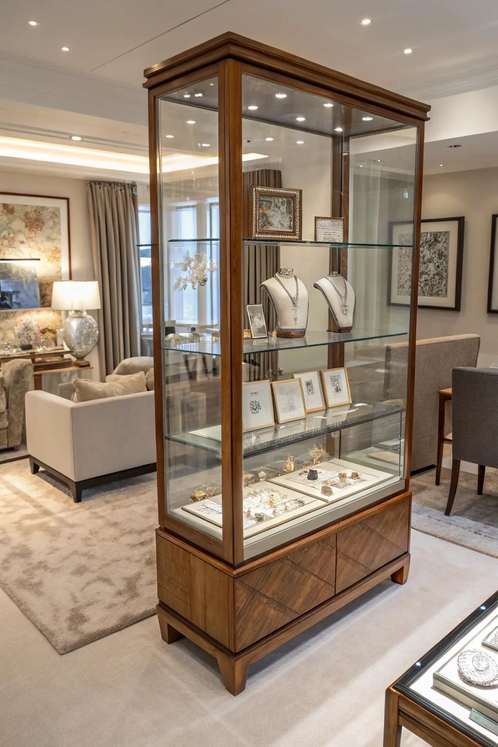 A crystal and timber presentation enclosure for fine jewelry