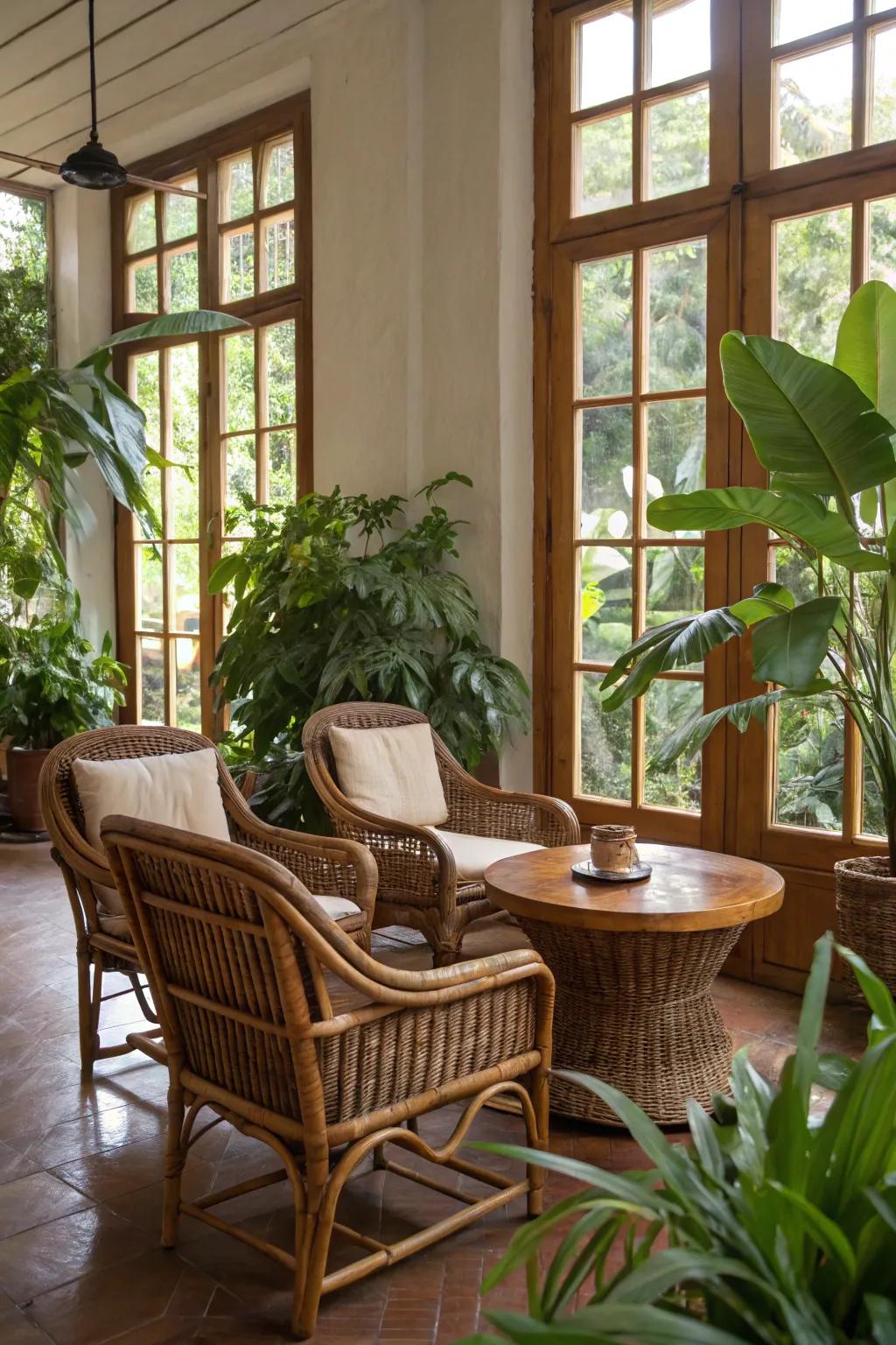 Natural materials like wood and rattan greatly enhance the jungle theme.