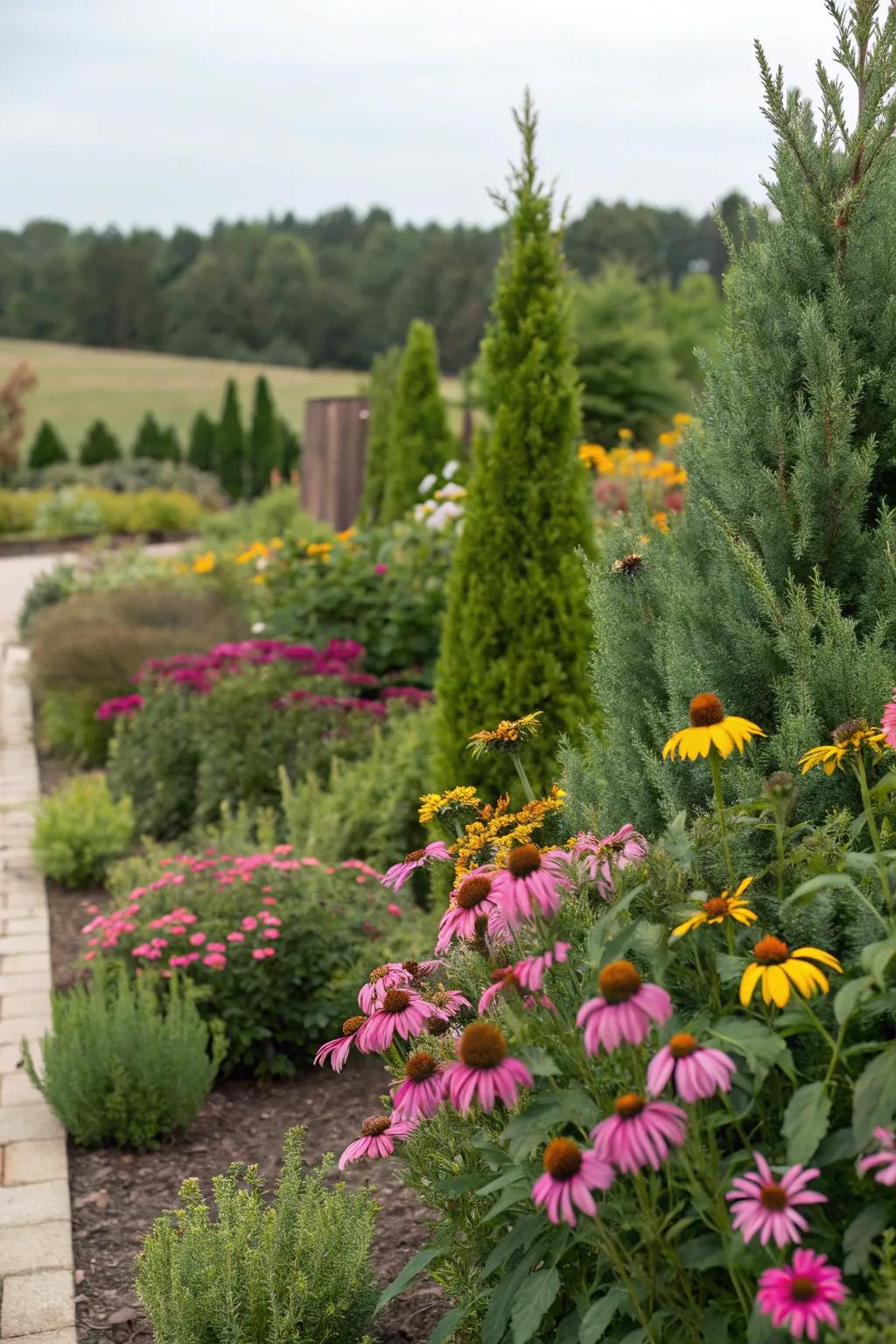 Vibrant coneflowers paired alongside lush junipers