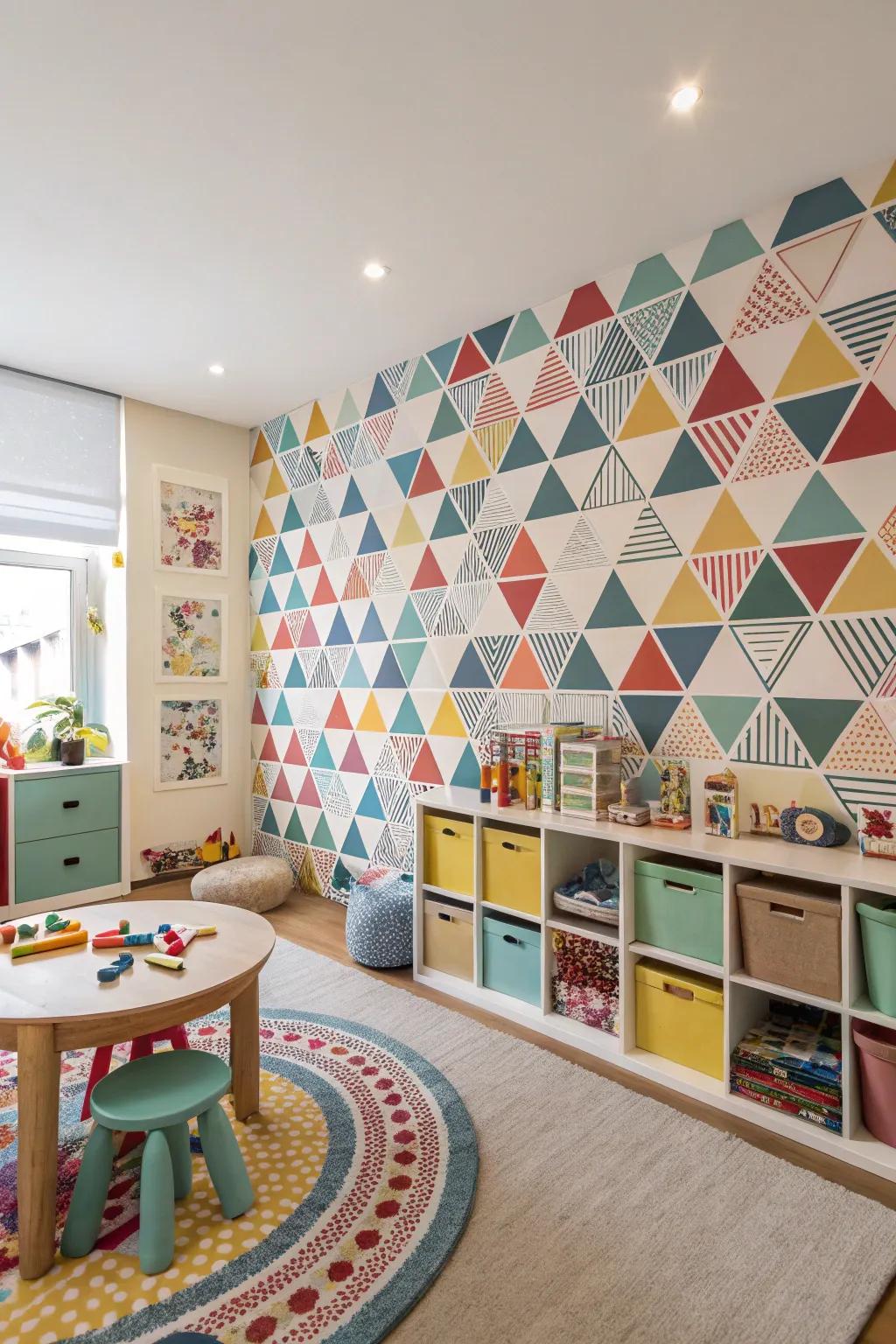 A playroom showcasing wallpaper with geometric patterns, providing a modern touch.