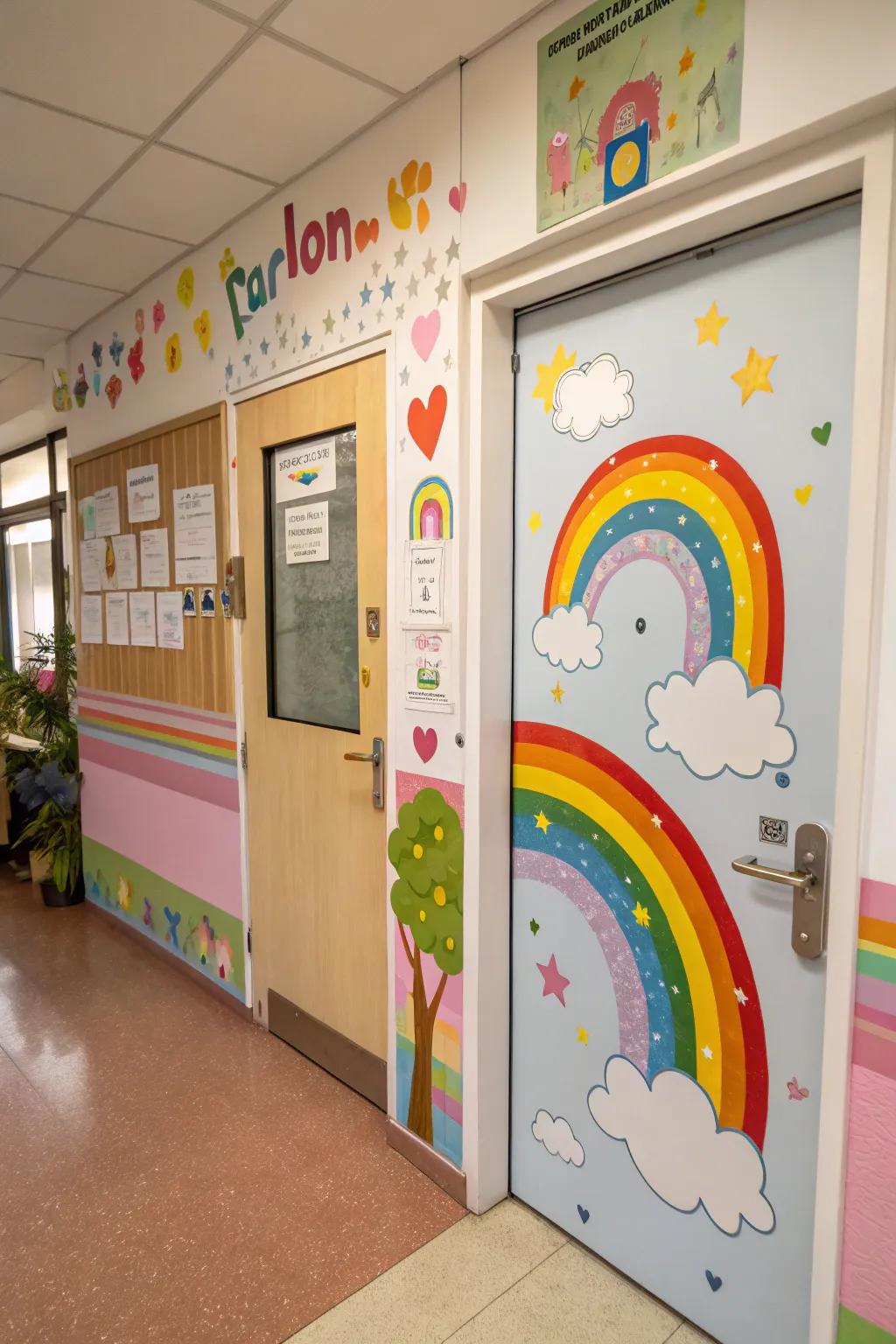 A kindergarten door presenting cirrus and prisms for an imaginative theme.