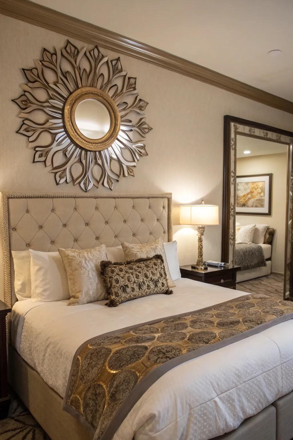 Artistic wall accents elevate the visual appeal of this majestic king-sized bed.