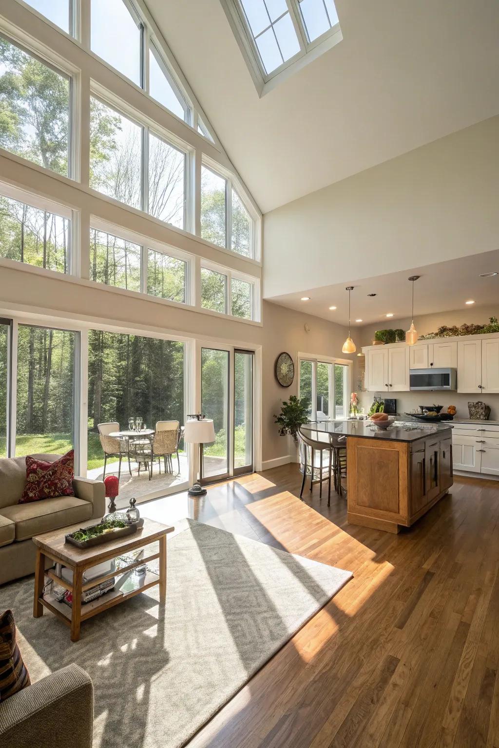 Natural light fills an open living space, amplifying its warmth.