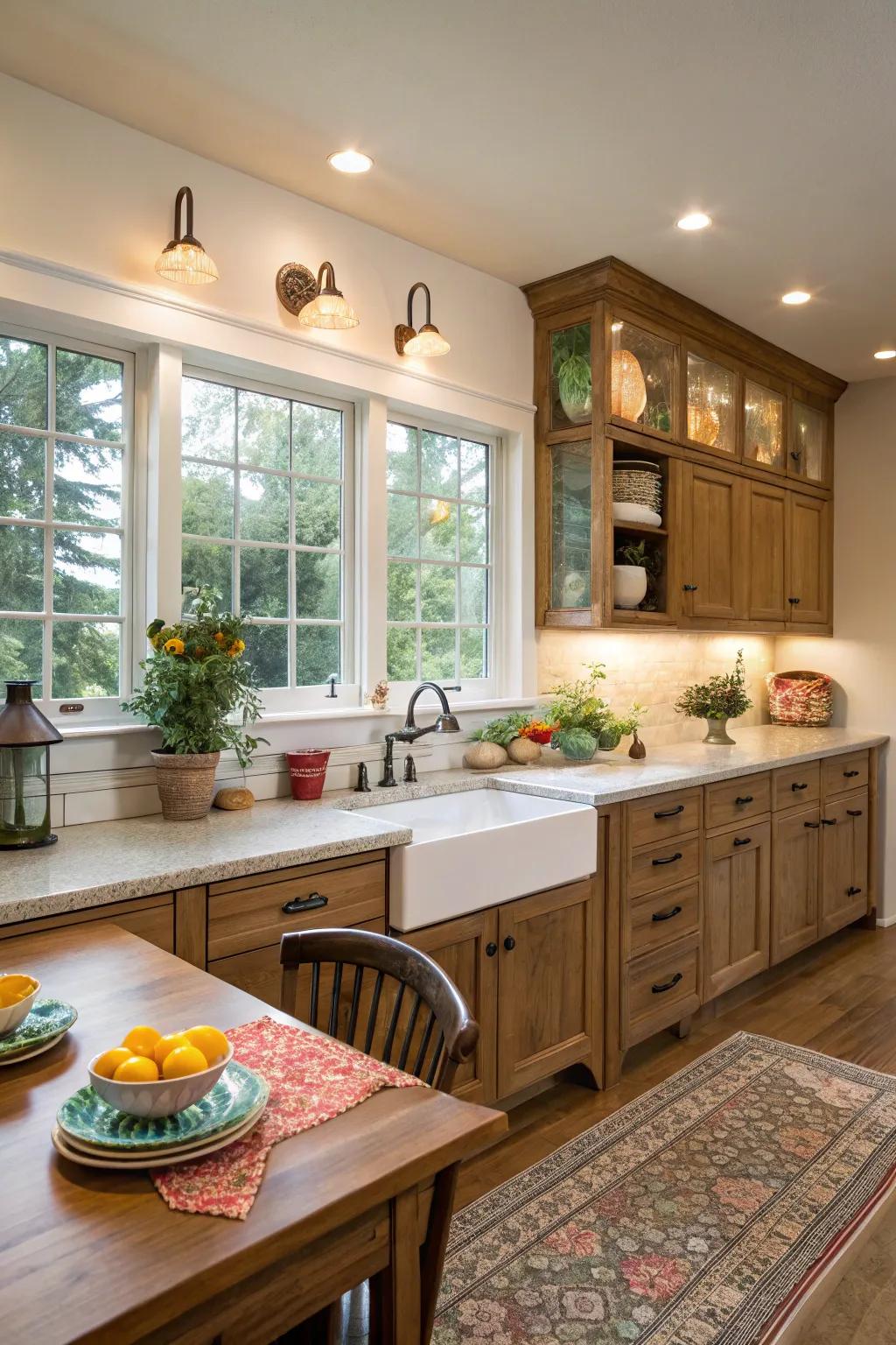 Undercabinet windows introduce luminosity to workstations, enhancing usefulness and atmosphere.