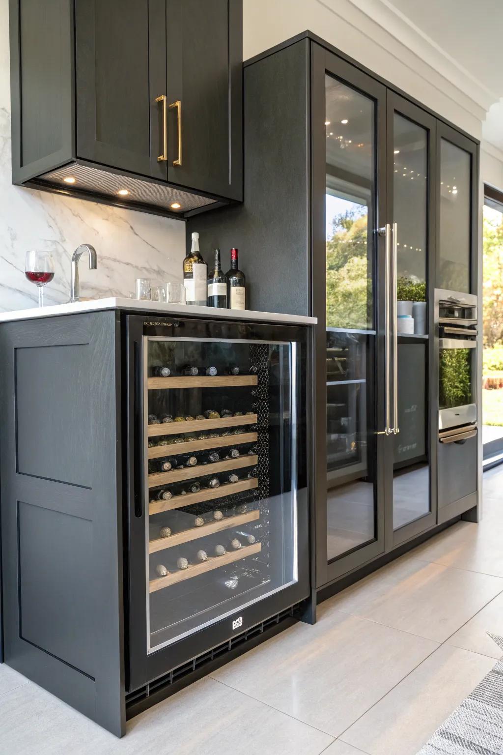 A wine cooler incorporated smoothly into a bar cabinet.