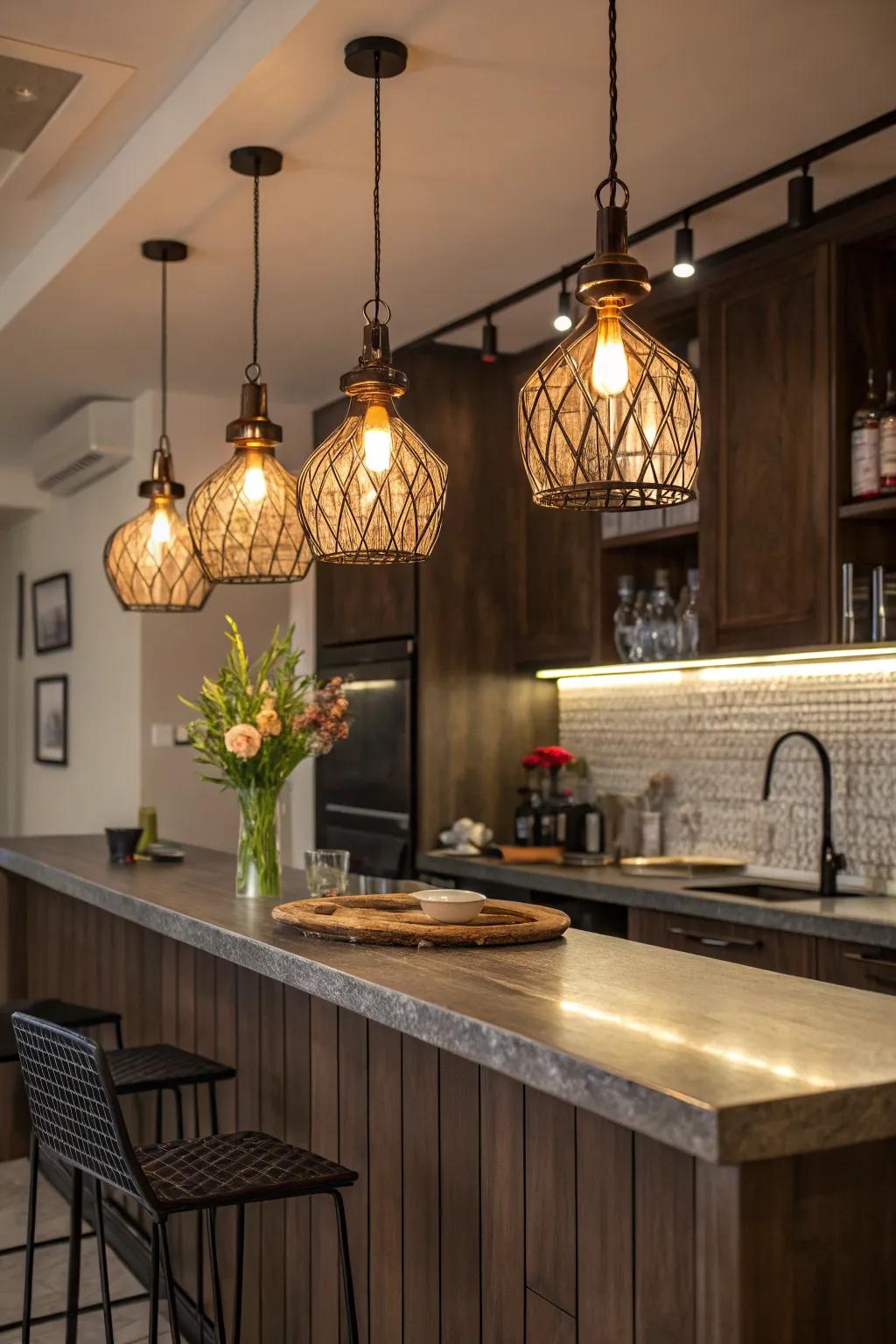 Elegant drop lights provide a warm glow to the kitchen bar.