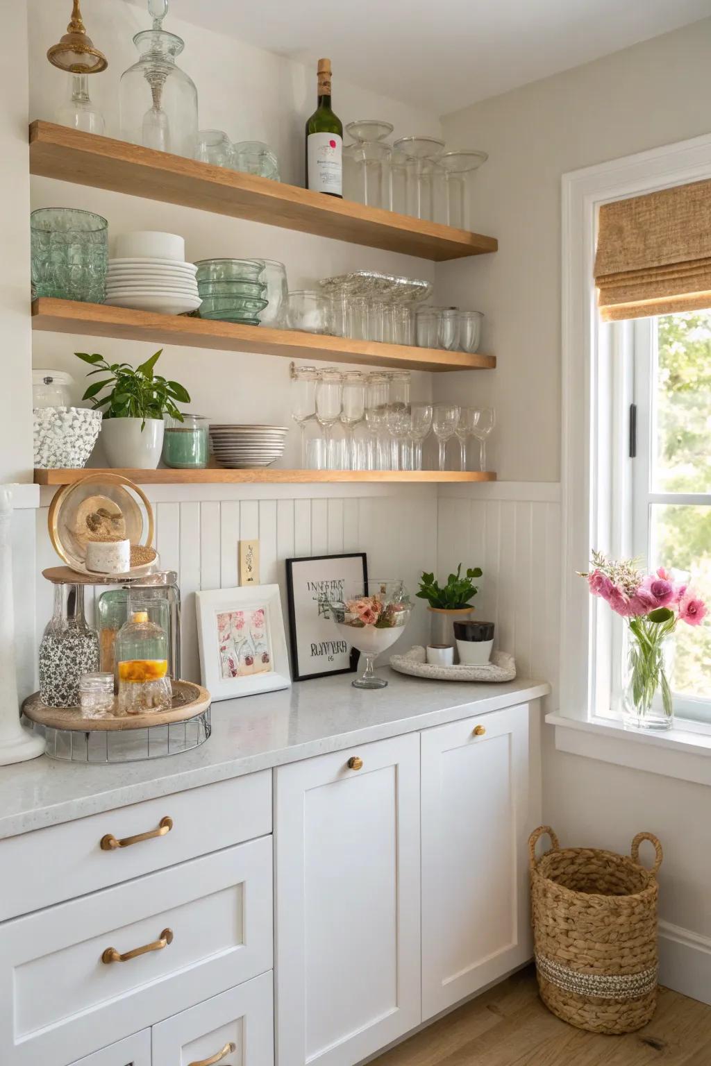 Exposed racking adds storage and style to small kitchen bars.