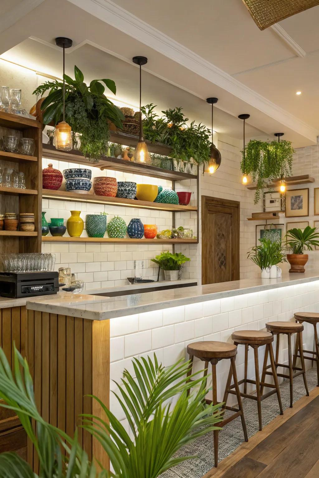 Display your personal style with open display shelves above your kitchen bar.