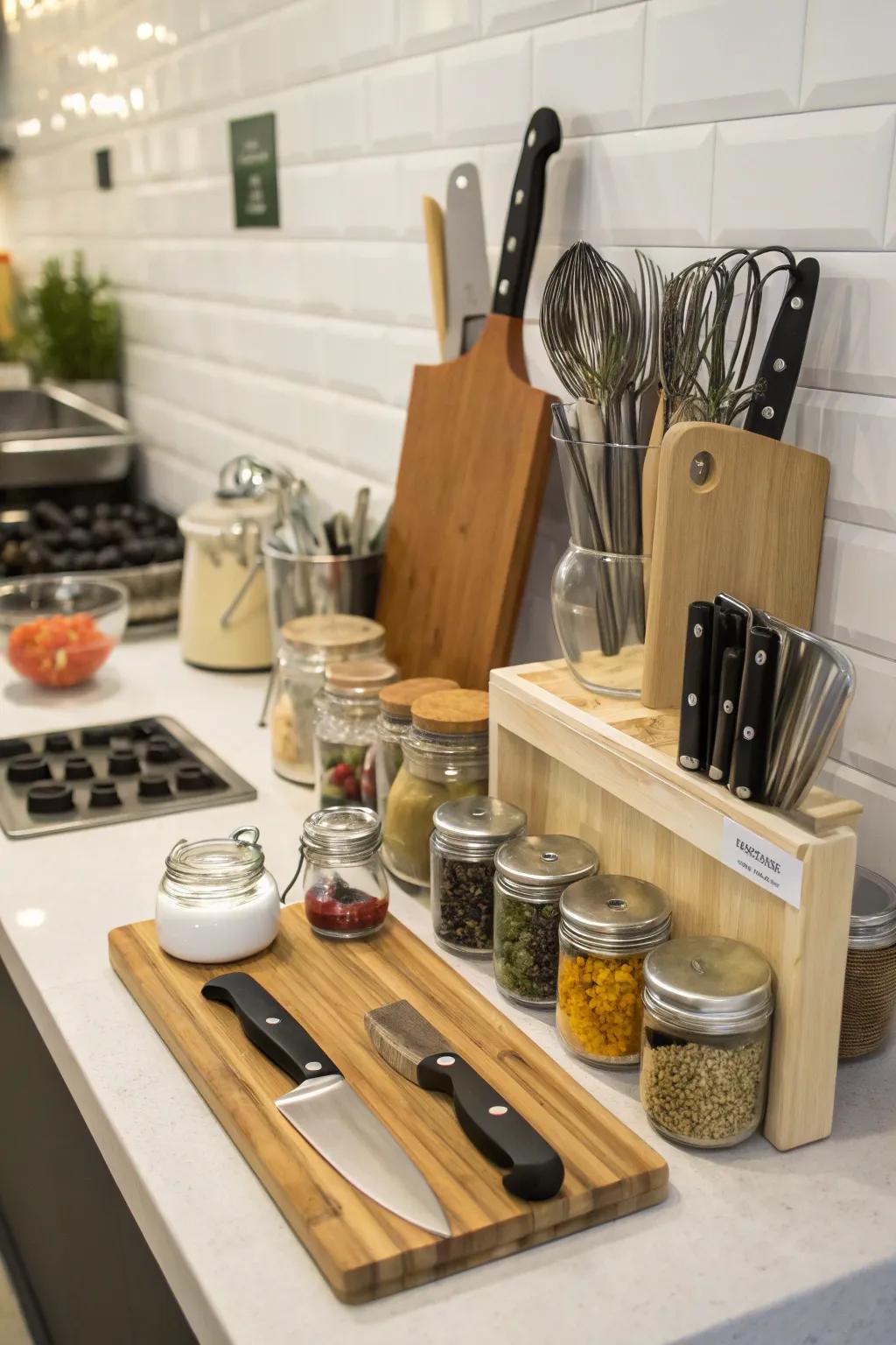 A functional exhibit featuring chopping blocks and culinary essentials keeps everything within arm's reach.