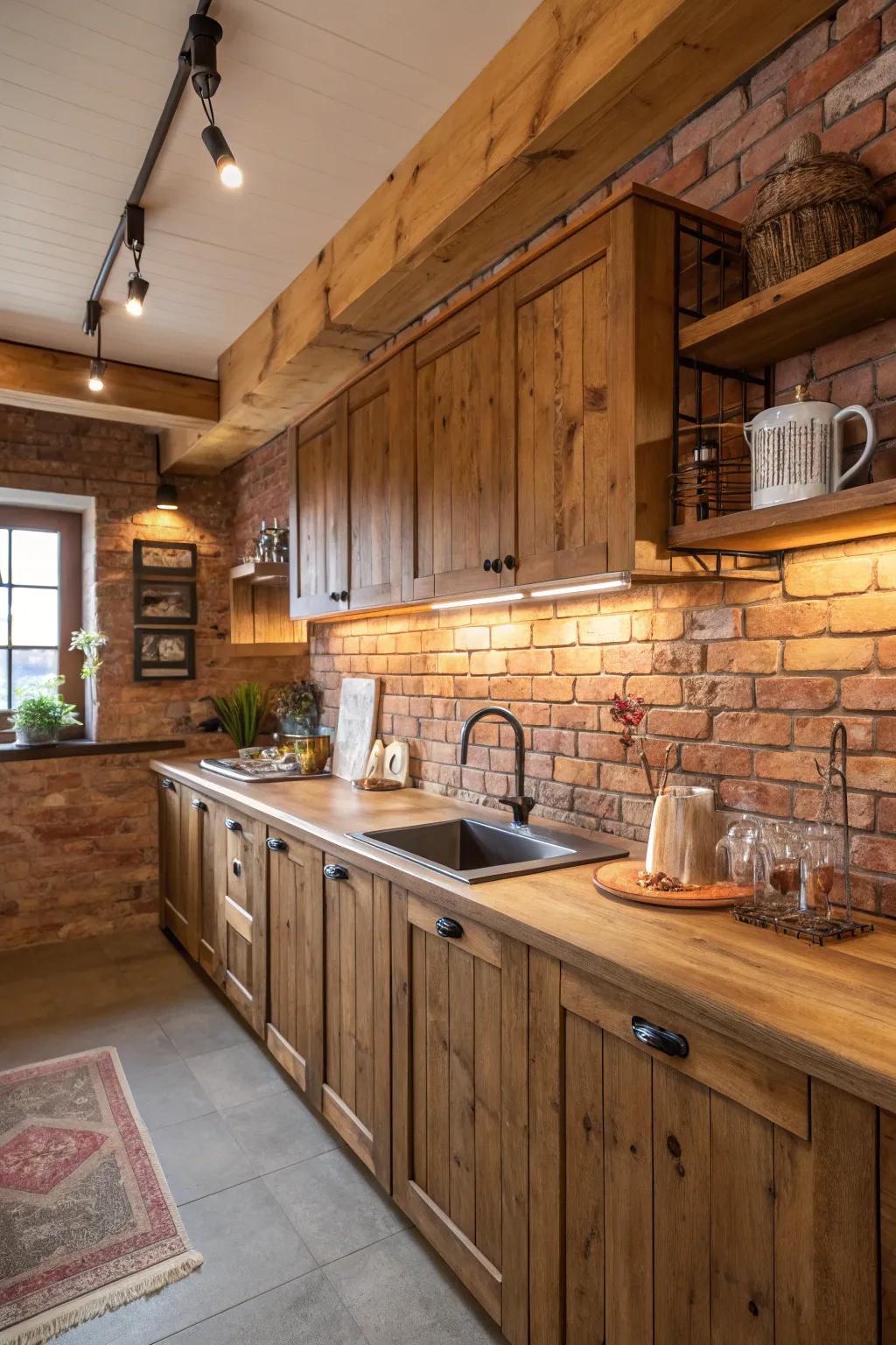 Comfortable kitchen featuring wooden countertops and brick charm.