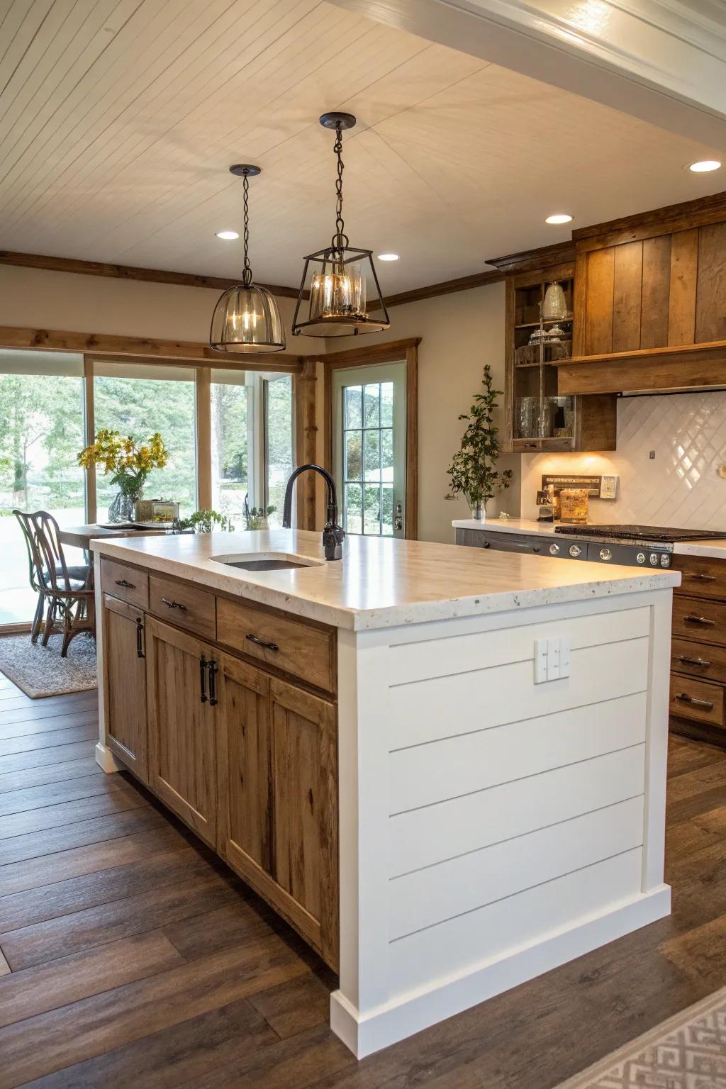 Traditional white plank cladding delivers a farmhouse charm to this kitchen island, exuding coziness and ease.