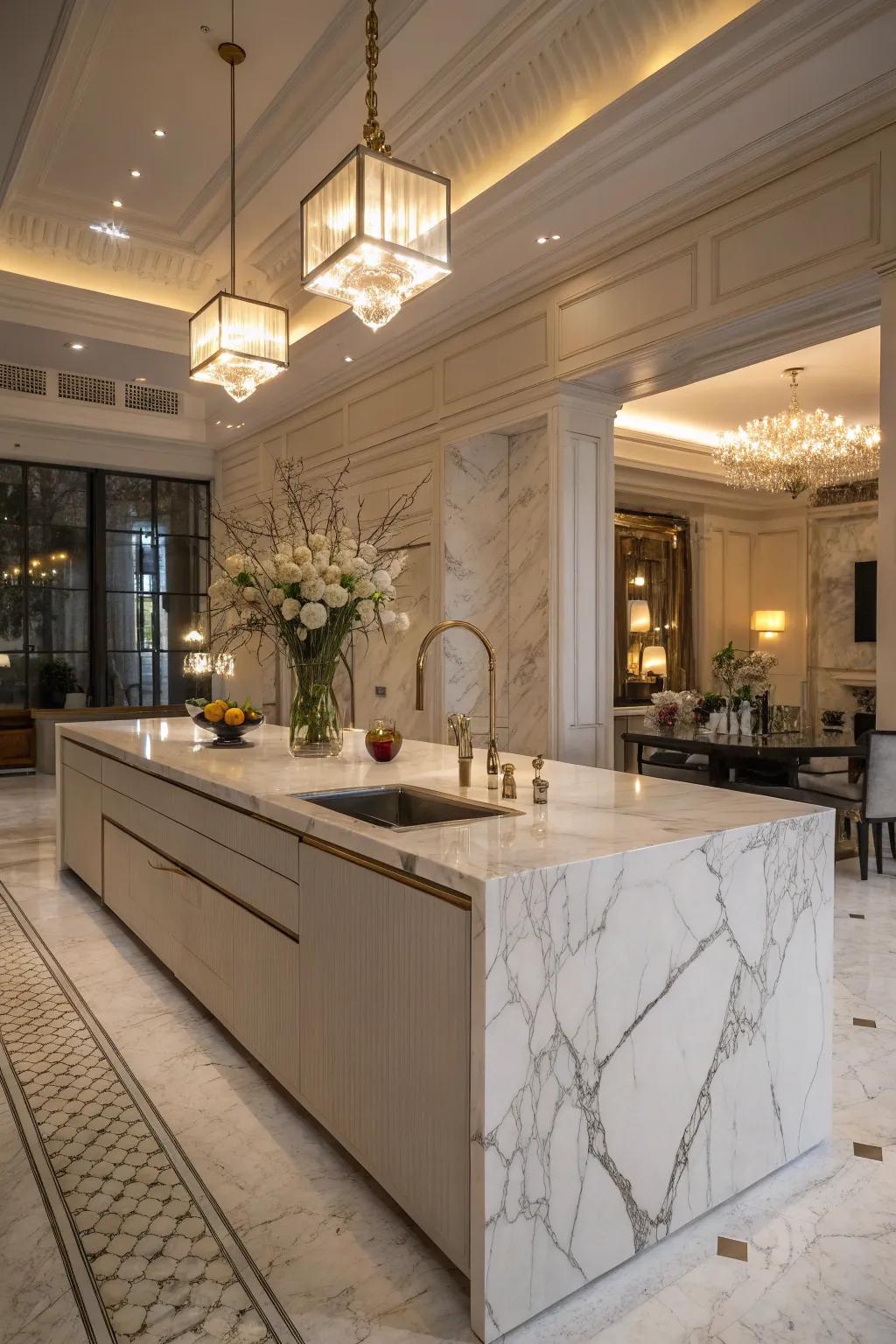 A magnificent marble kitchen island showcasing an artistic flair.