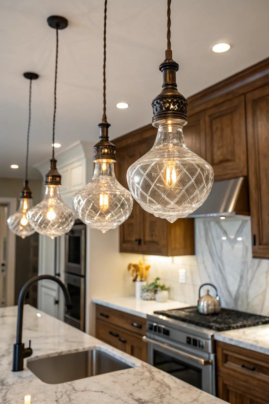 Glass light fittings contribute a dash of timeless elegance to this cooking space.