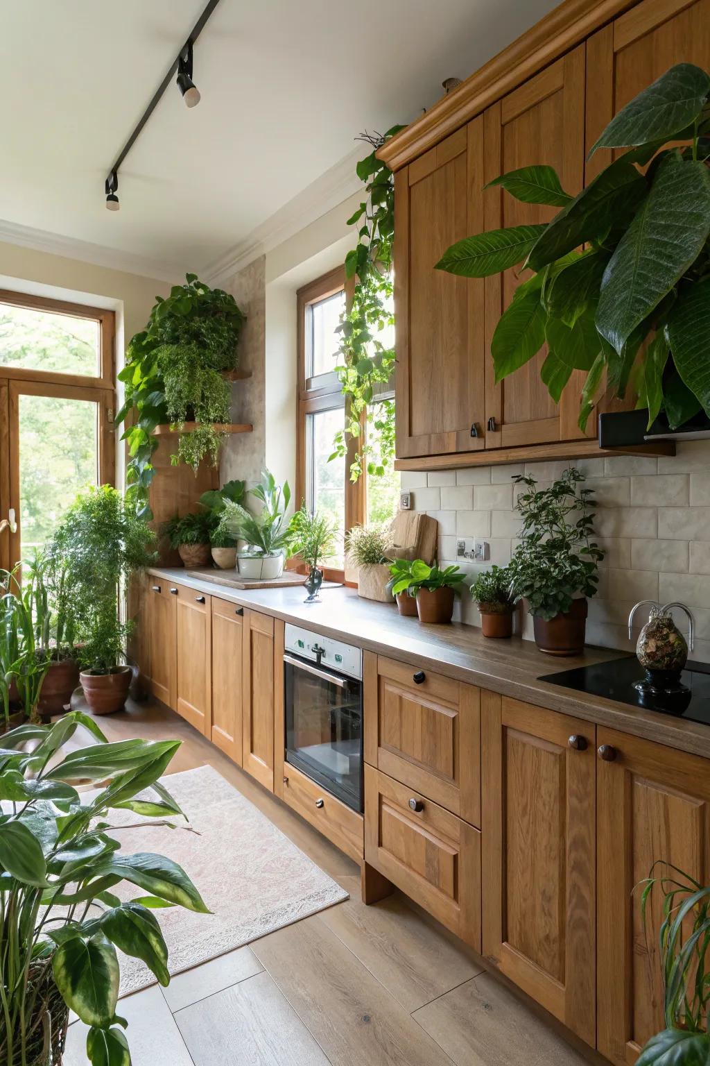 A kitchen highlighting natural elements such as wood and plants.