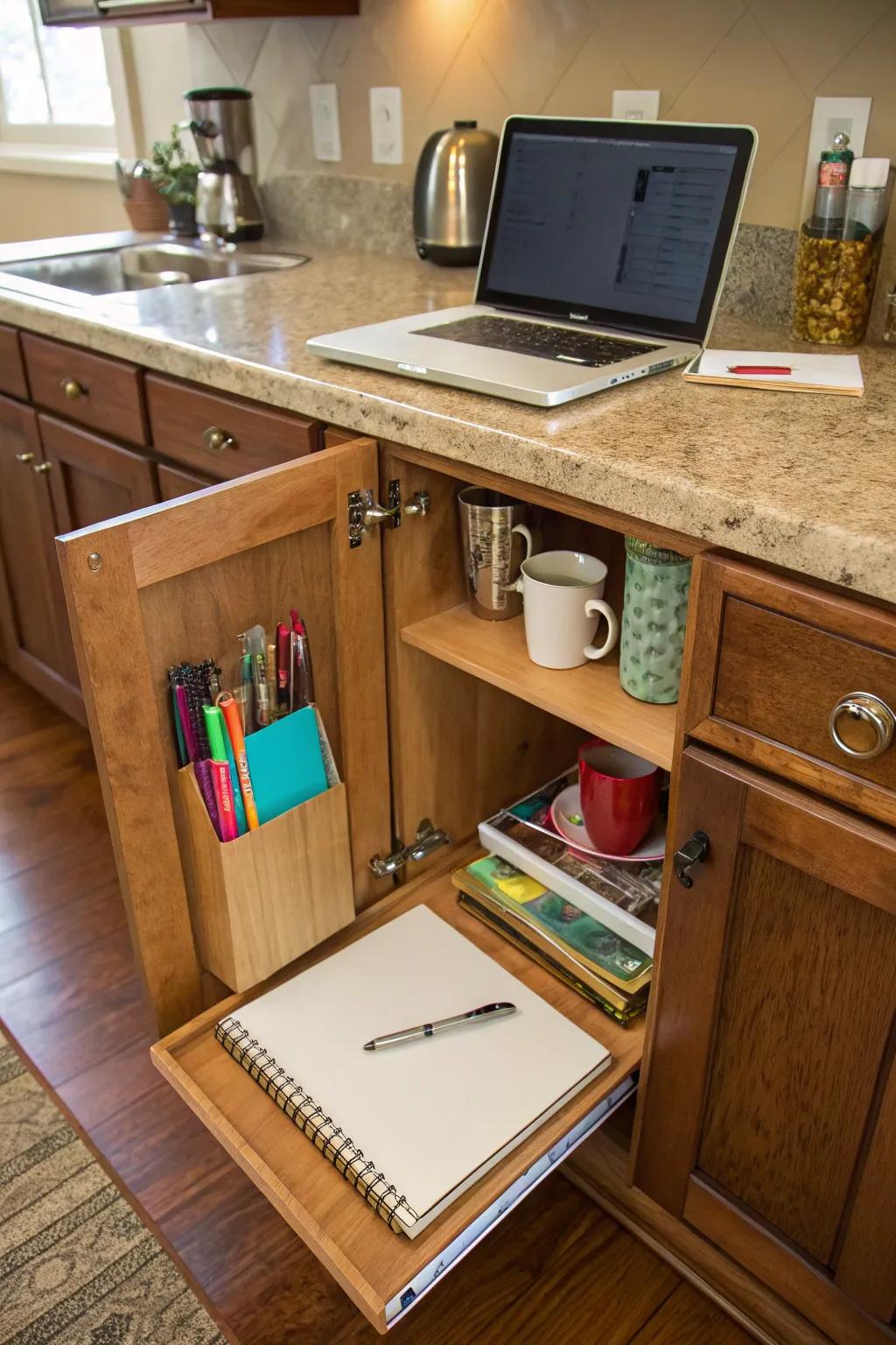 A cleverly hidden desk setup inside kitchen cabinets.