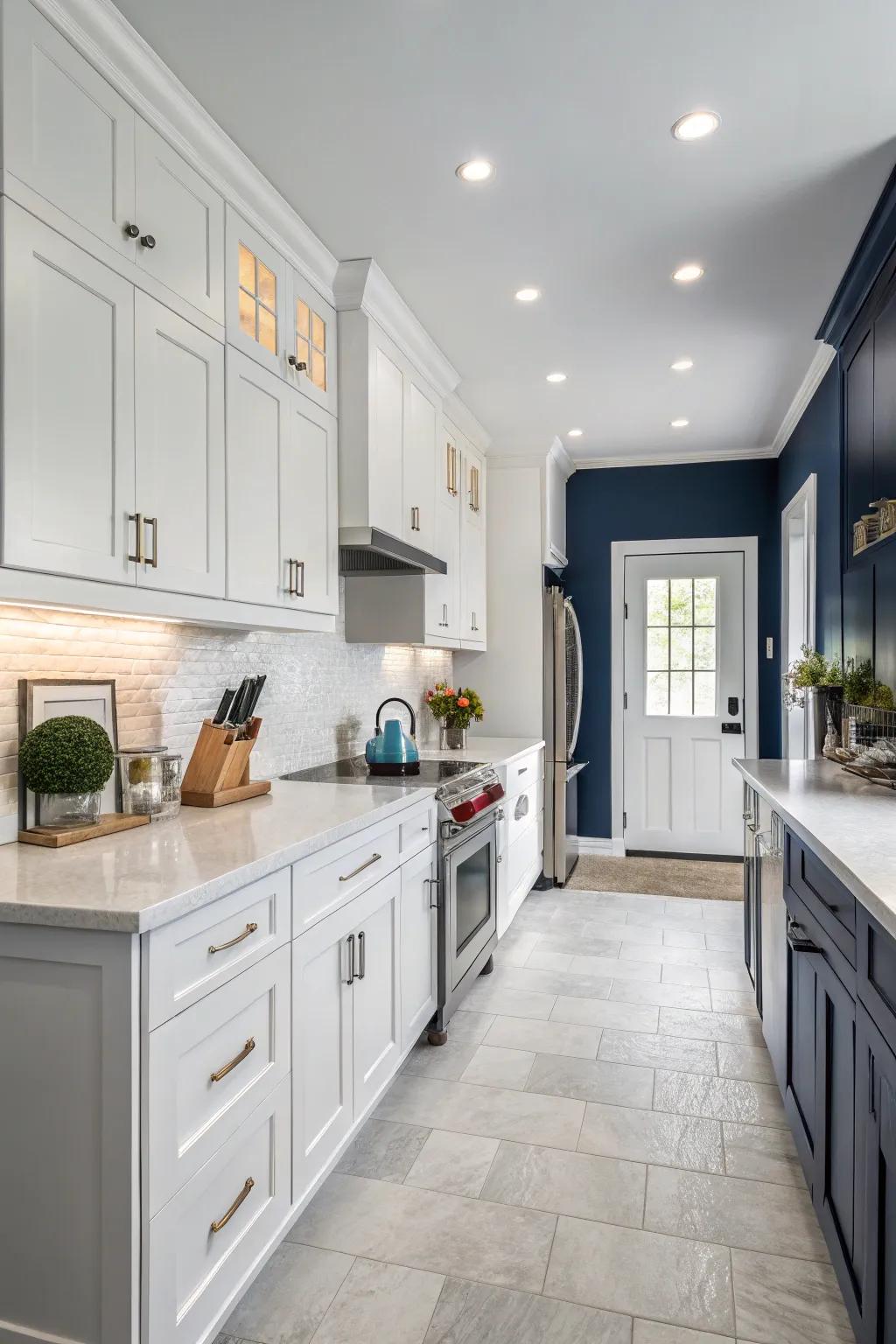Against white cabinets, navy walls create a striking contrast.