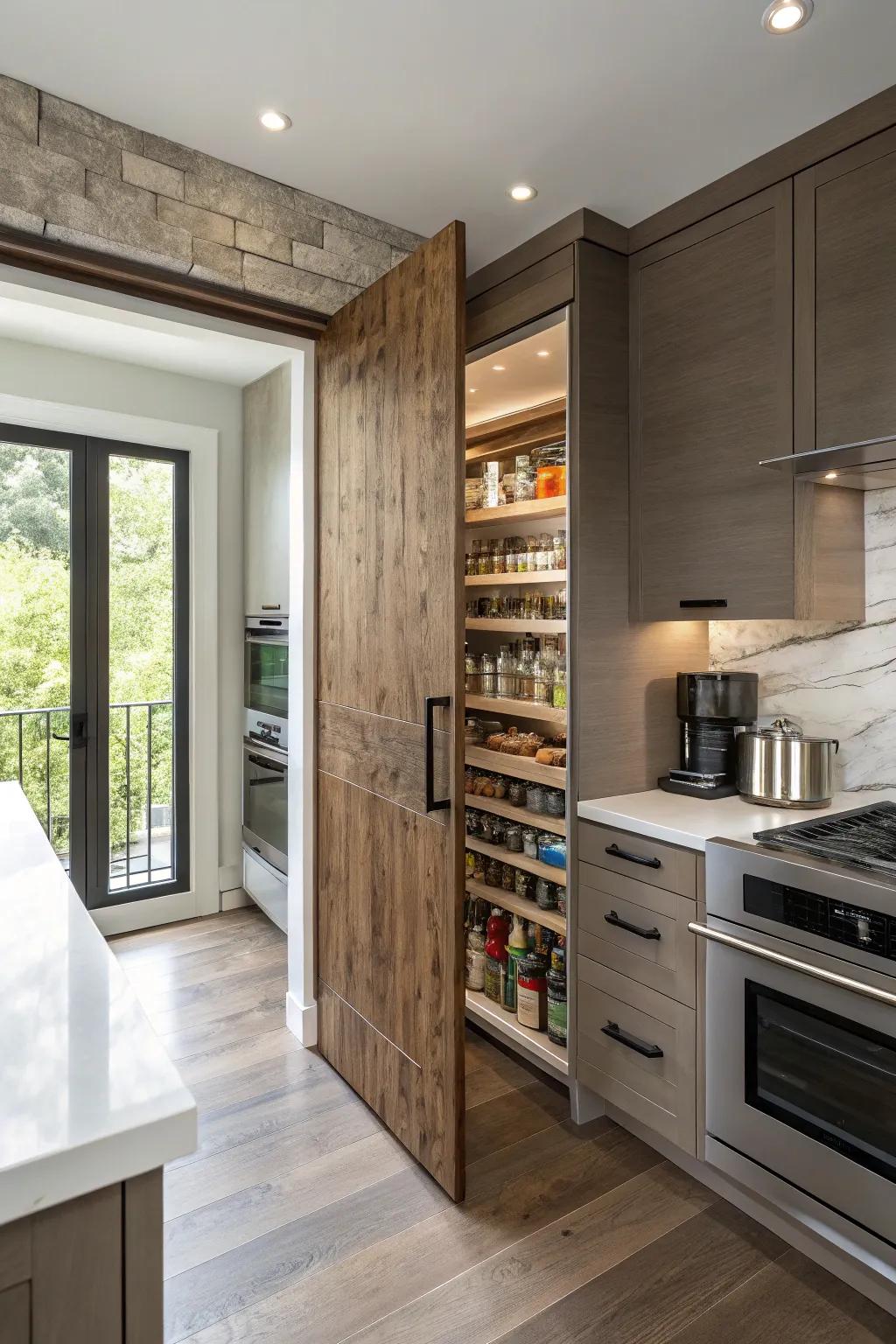 A hidden pantry offers a smooth and tidy appearance.