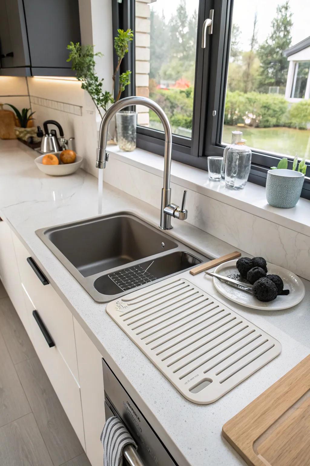 A modern cooking space with an integrated draining board for added practicality.