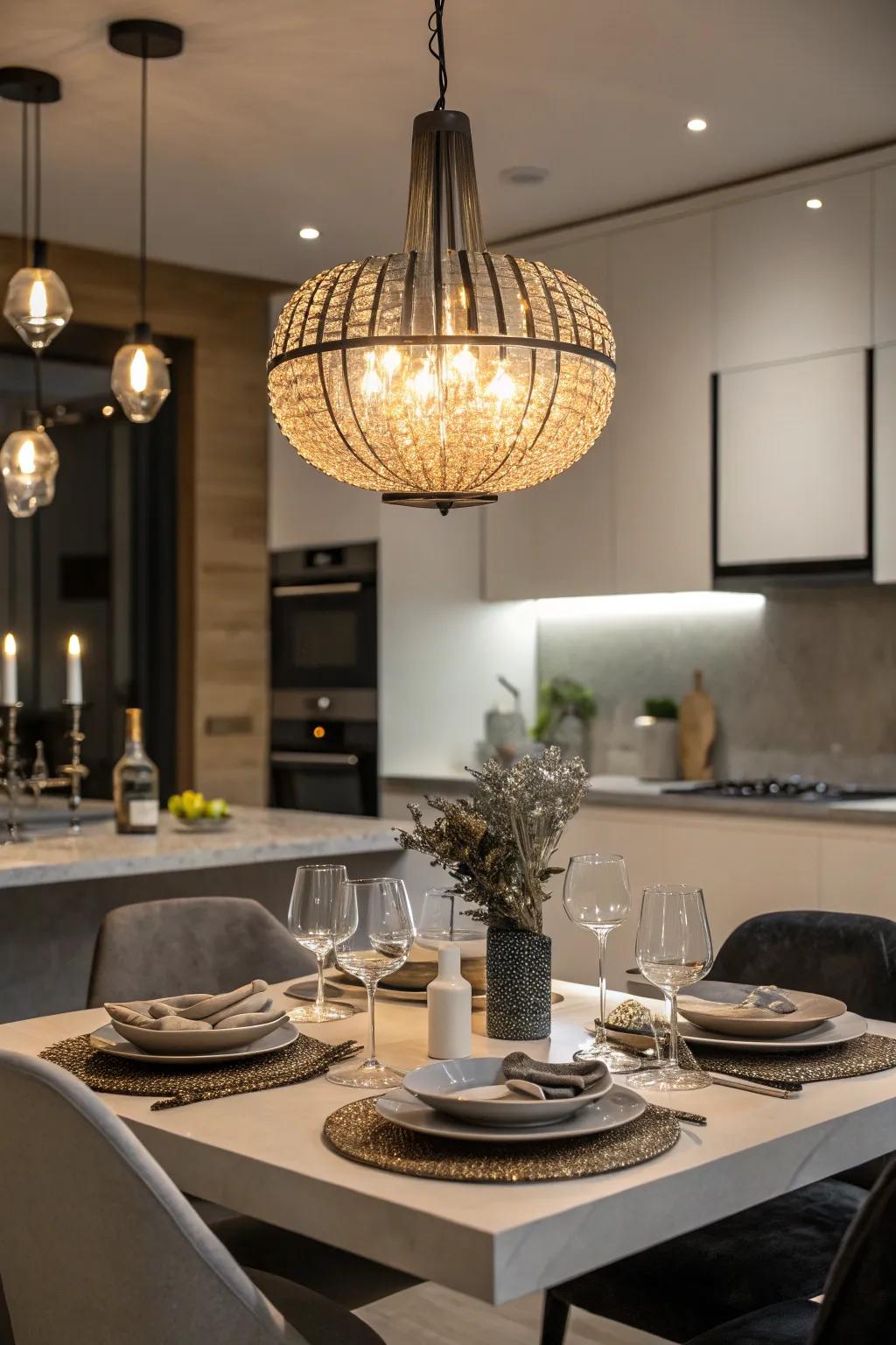 Striking lighting introduces drama and sophistication to the dining area.