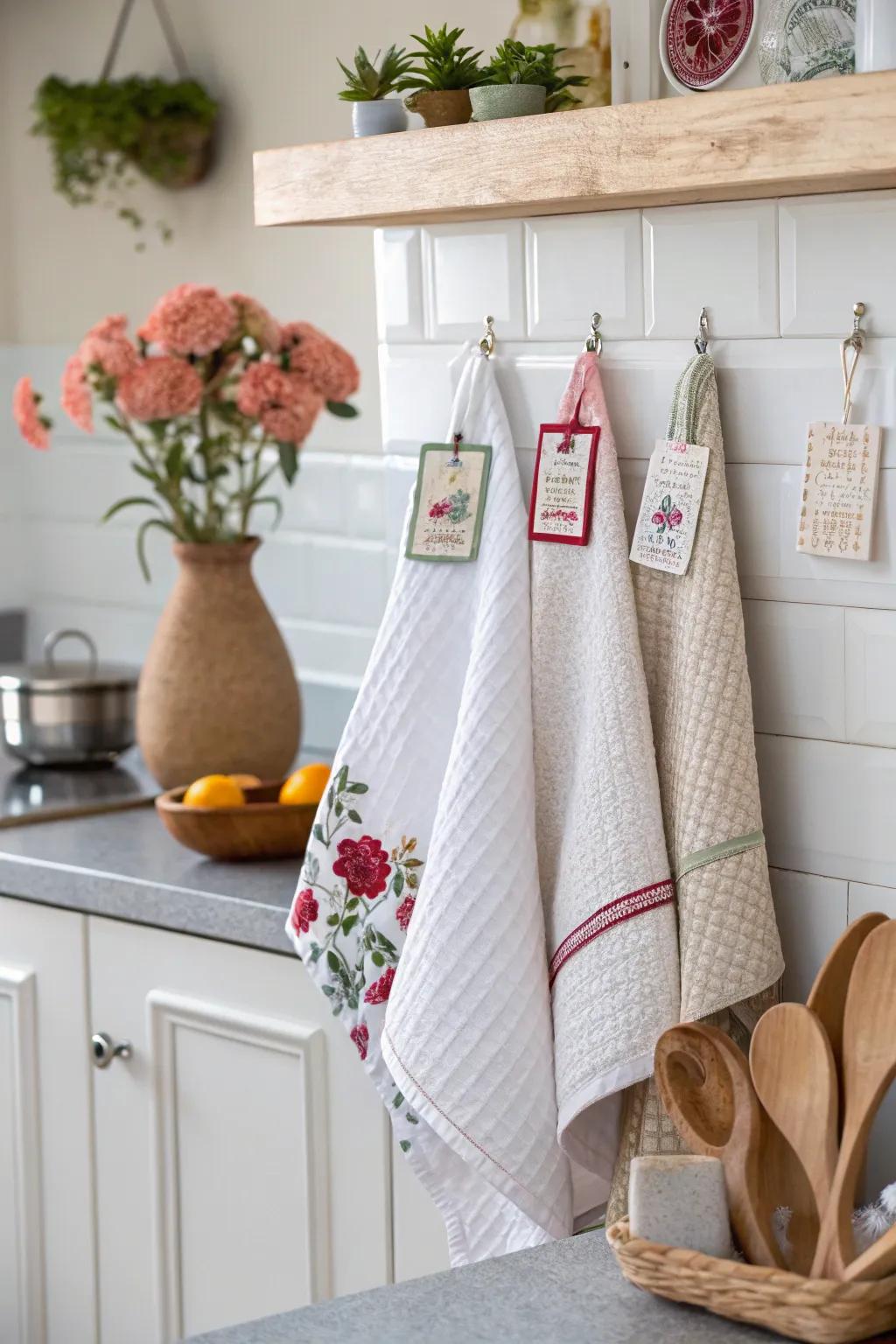 Pair cloths with decorative items for a refined kitchen display.