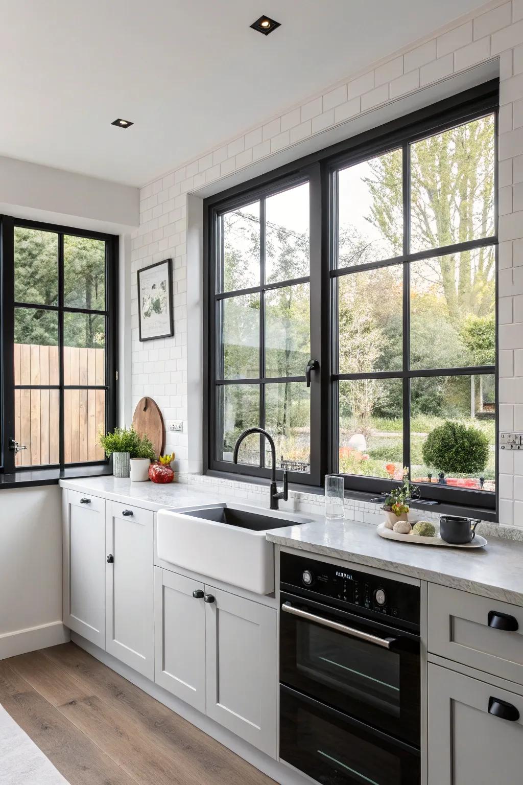 A modern culinary space accentuated by sleek ebony-encased windows.