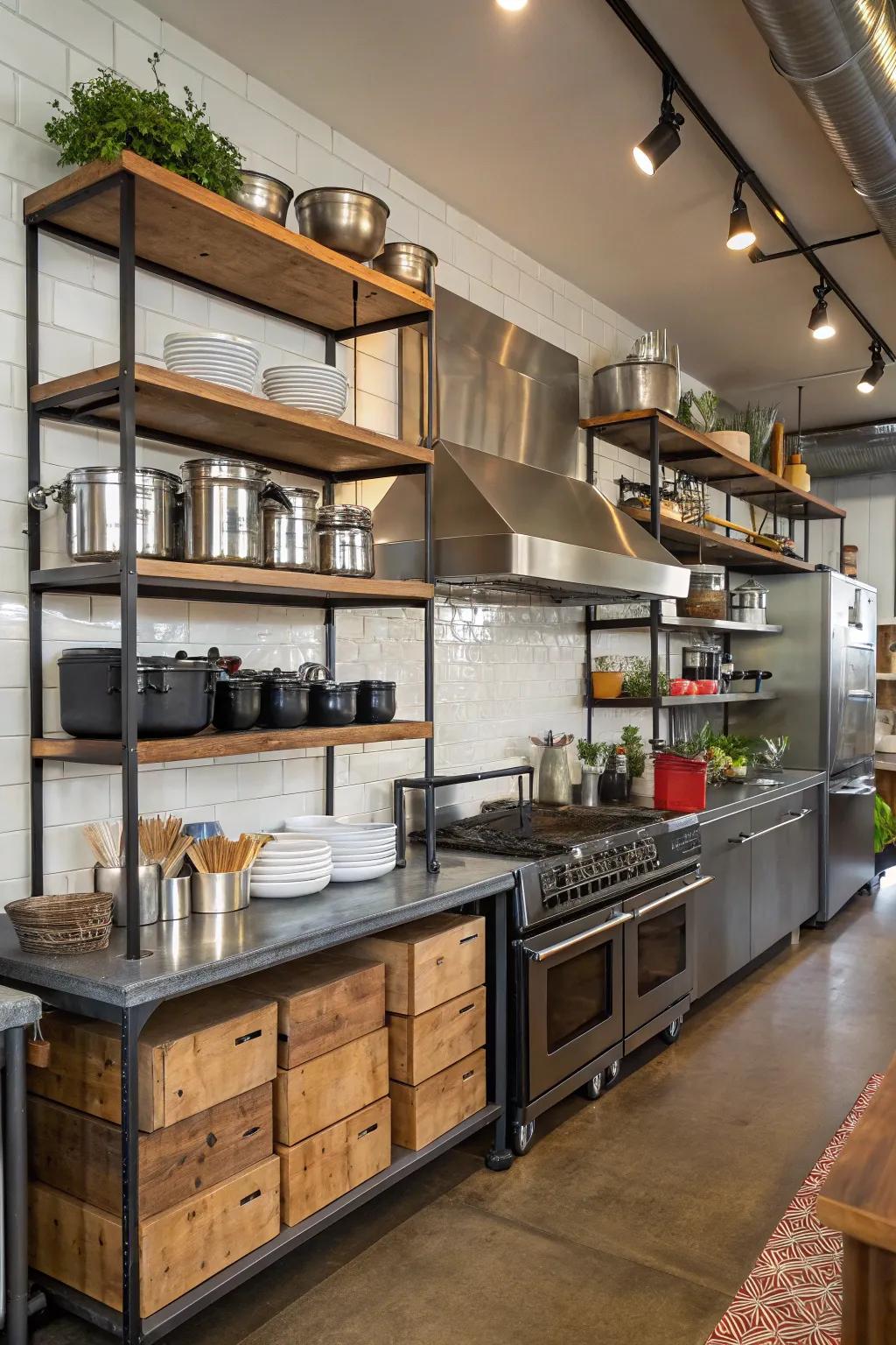 The urban blend of timber and metal creates a unique kitchen style.