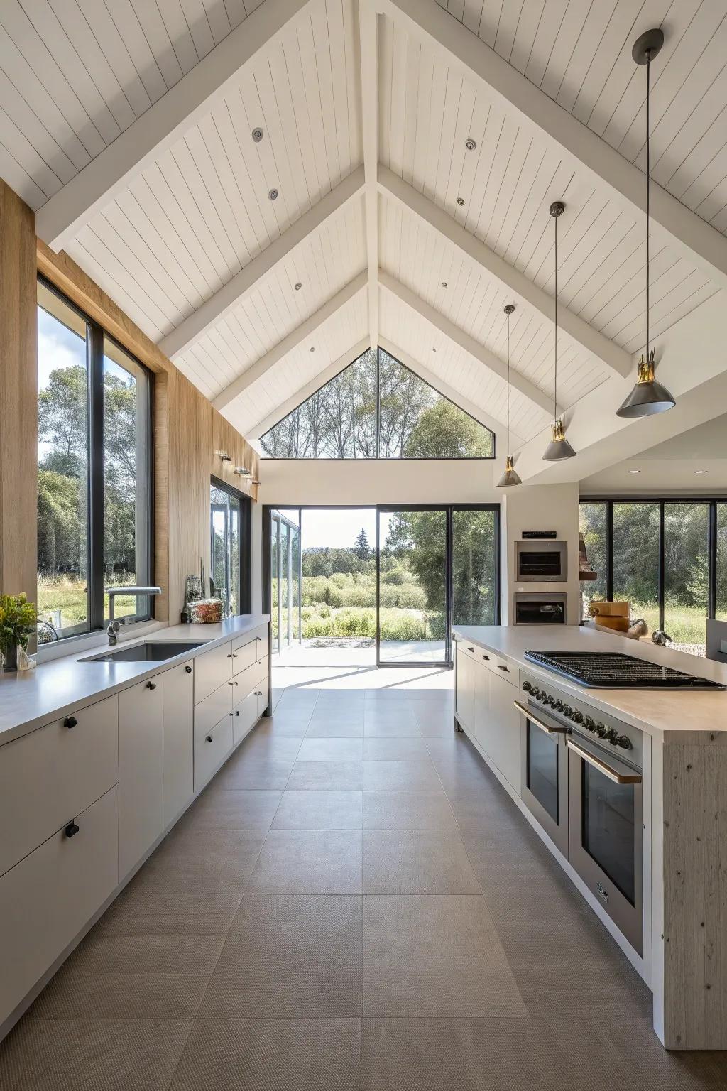 An open design magnifies the airy character of this kitchen, complete with a vaulted ceiling.
