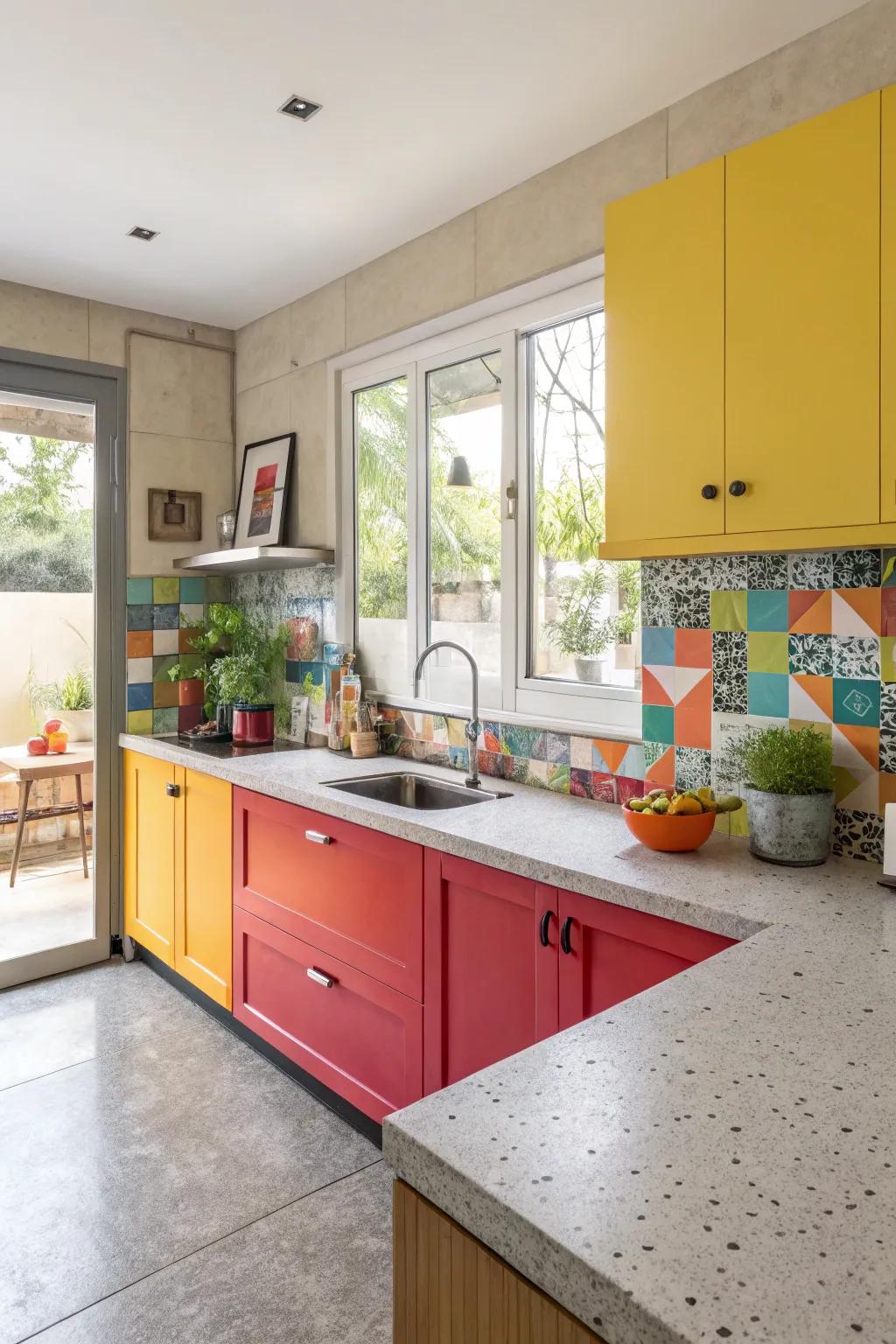 A vibrant kitchen that stands out with concrete countertops and splashes of colorful accents.